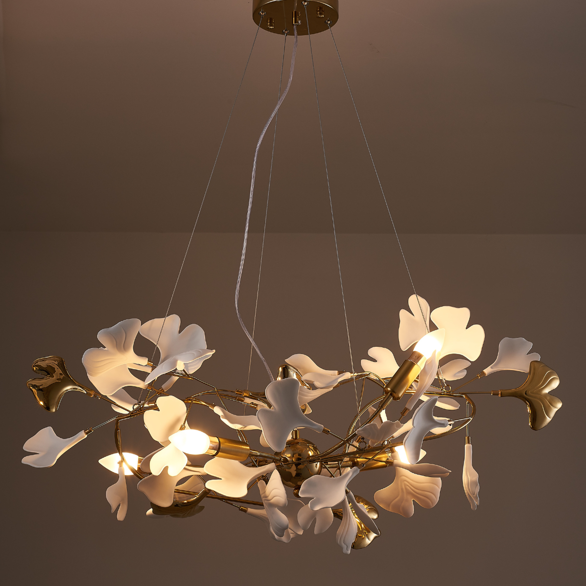 Olivia Lampada a Sospensione Ceramica Grande Foyer Foglia Gingko Soggiorno Lusso