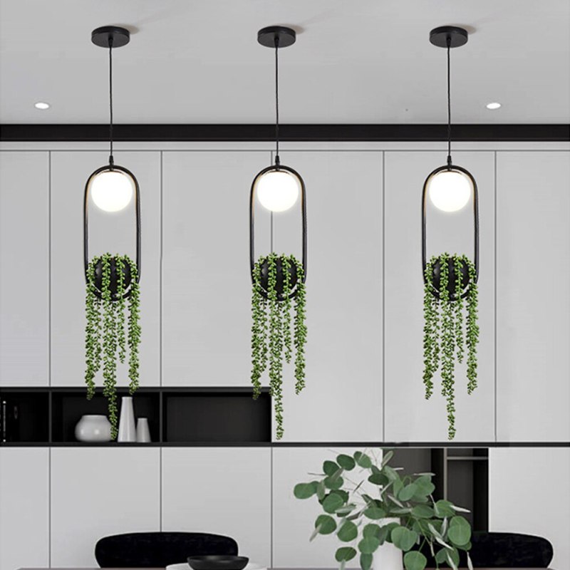 Ritta Modern LED Lampada a Sospensione Metallo Nero/Verde Vaso Palla Pianta Naturale