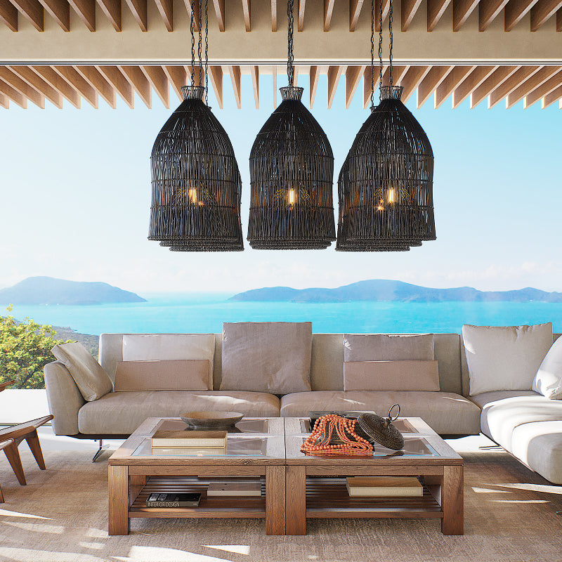 Ritta Lampada a Sospensione LED Design a Gabbia per Uccelli in Metallo/Rattan Nero/Bianco per Camera da Letto/Soggiorno