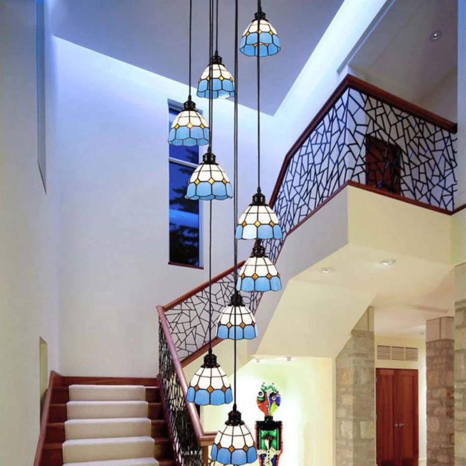 Tiffany Retro LED Lux Lampadario Blu Arancia Metallo Vetro Soggiorno