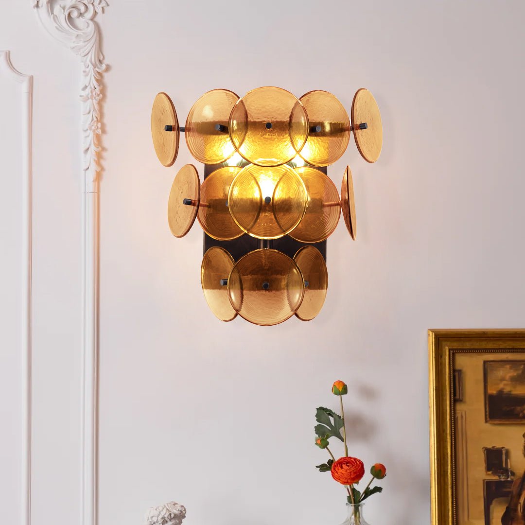 Aurora Wall Sconce Pressed Glass Disc Vintage Amber - Neutralighting