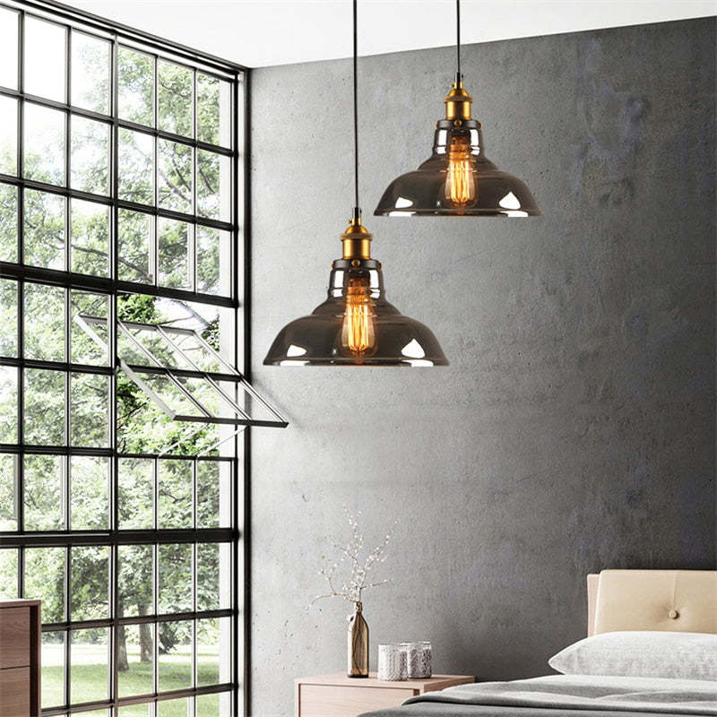 Arisha Industriale LED Lampada a Sospensione Vetro Chiaro/Ambra/Grigio Fumo