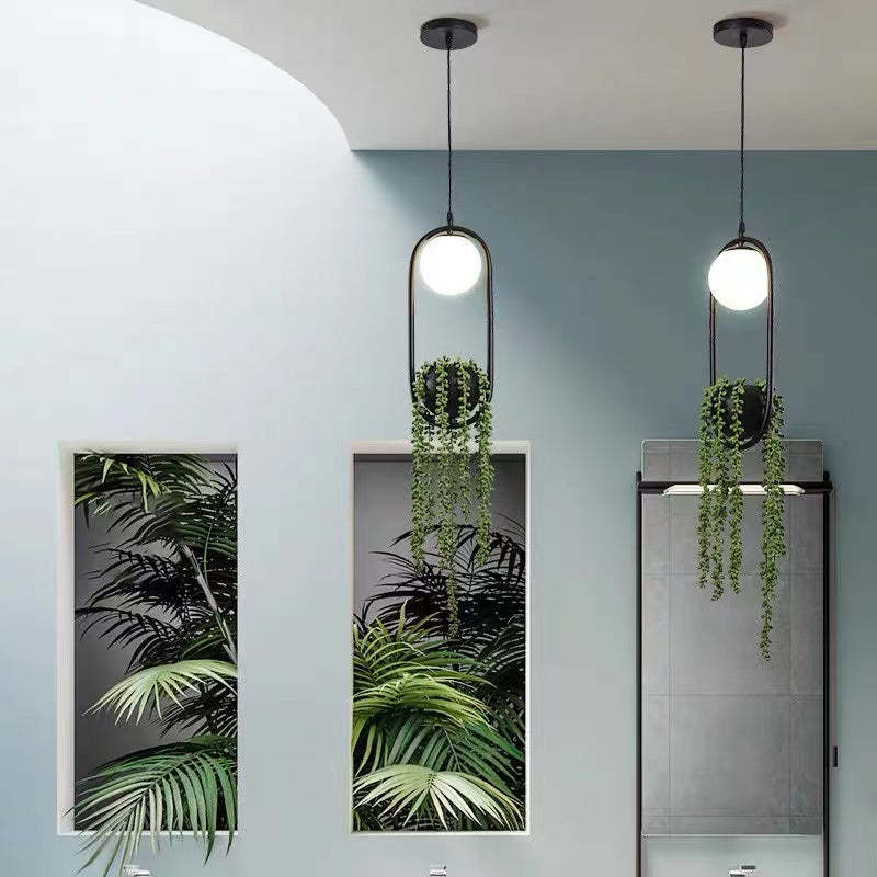 Ritta Modern LED Lampada a Sospensione Metallo Nero/Verde Vaso Palla Pianta Naturale