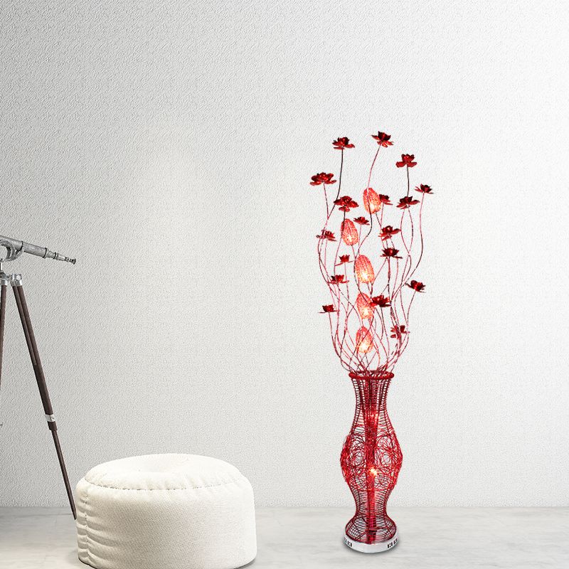 Arisha Moderni LED Lampade da Terra Arte Deco Fiore Vase Metallo Rosso Soggiorno