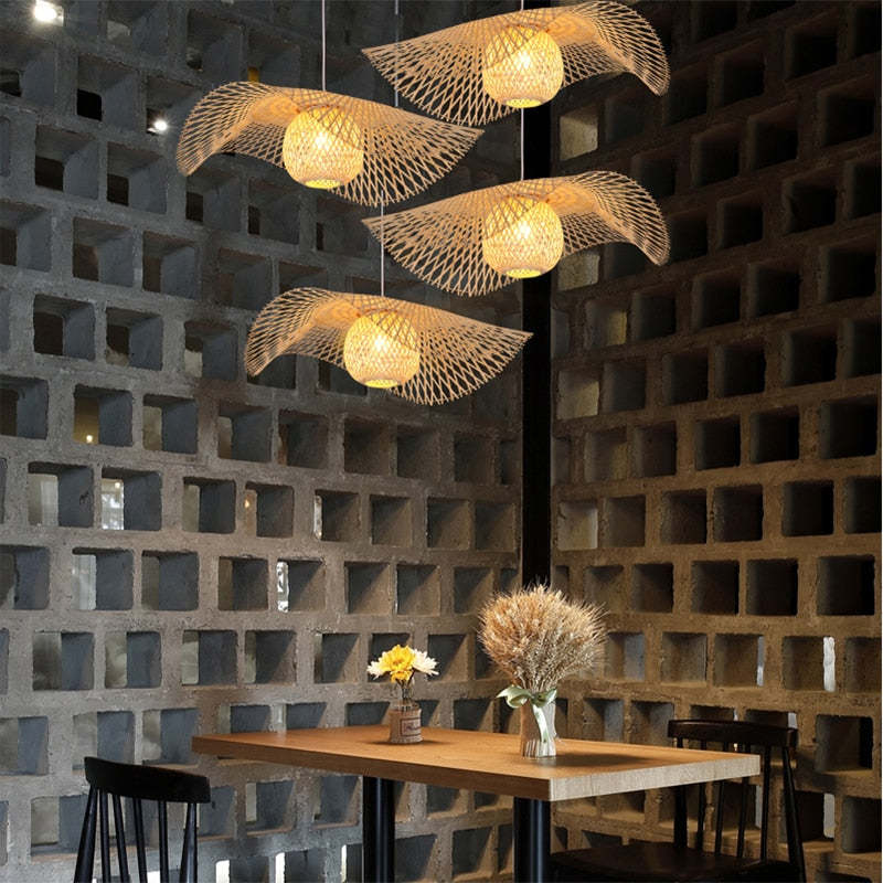 Muto Naturale LED Cappello Bambù Lampade a Sospensione Legno Oro Soggiorno/Camera da Letto/Sala da Pranzo