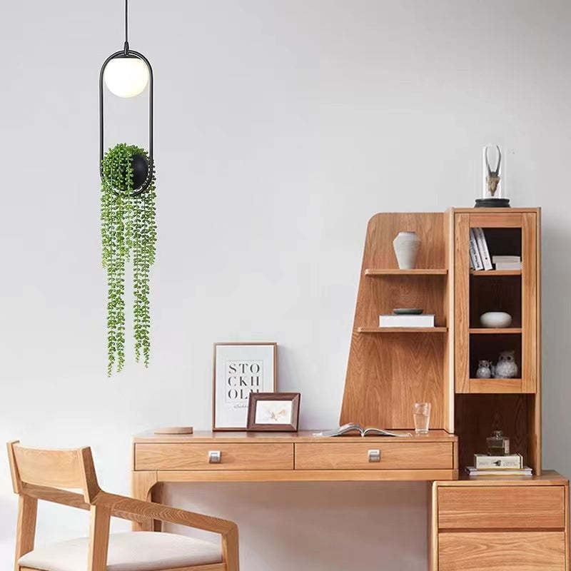 Ritta Modern LED Lampada a Sospensione Metallo Nero/Verde Vaso Palla Pianta Naturale