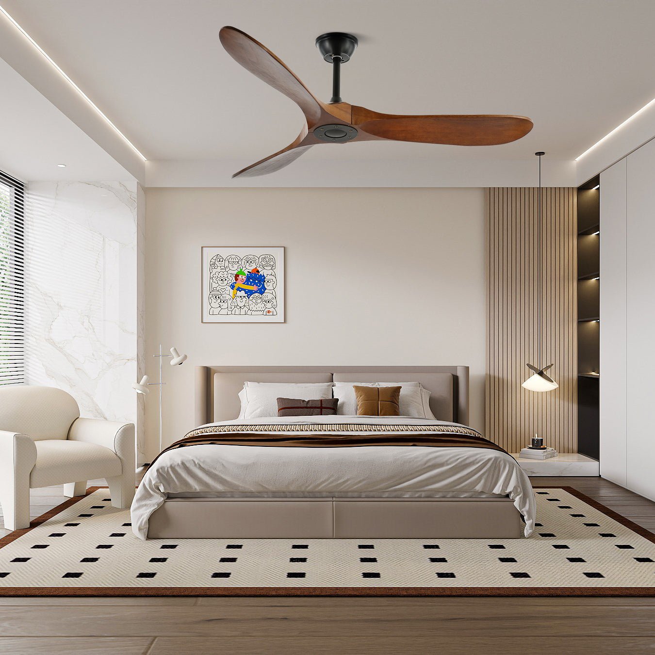 Primo piano delle pale in legno del ventilatore da soffitto Aviona.