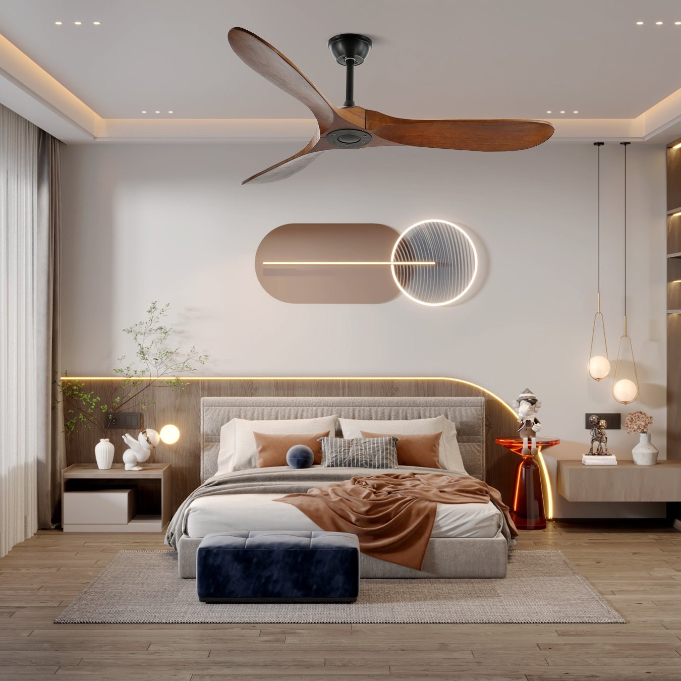 Ventilatore da soffitto Aviona in legno con telecomando per un facile utilizzo.