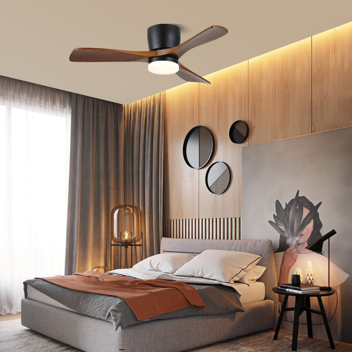 Ventilatore da soffitto Knox con luce in finitura Grana Legno Noce con corpo nero opaco.