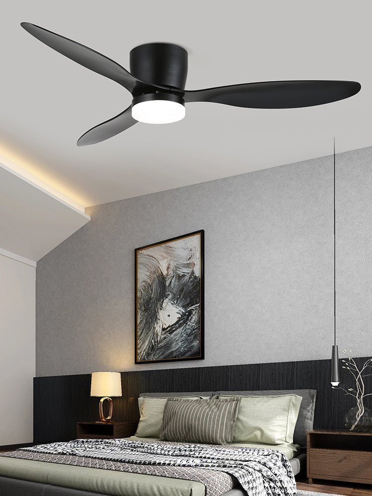 Vista dal basso del ventilatore da soffitto Knox con luce che mostra il diffusore in acrilico.