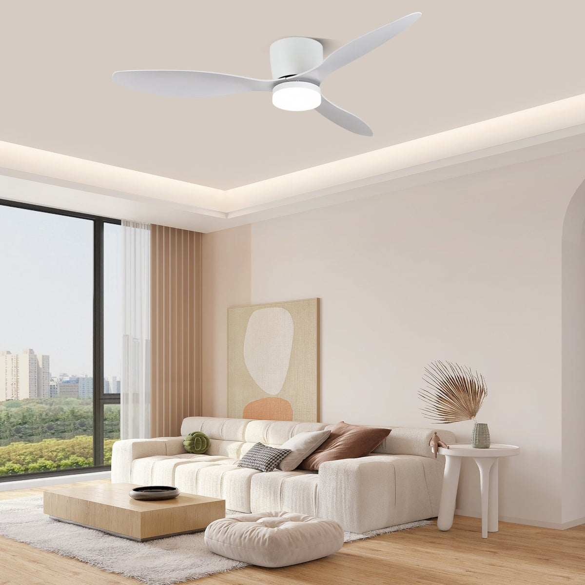 Ventilatore da soffitto Knox con luce in finitura Grana Legno Naturale con corpo bianco.