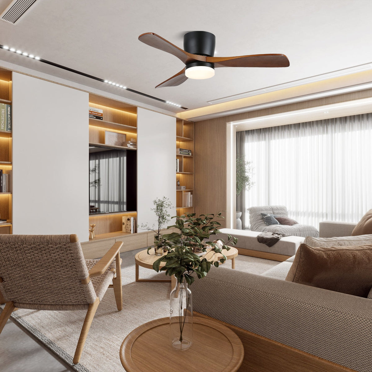 Ventilatore da soffitto Knox con luce, Modello B con pale affusolate e ricurve.