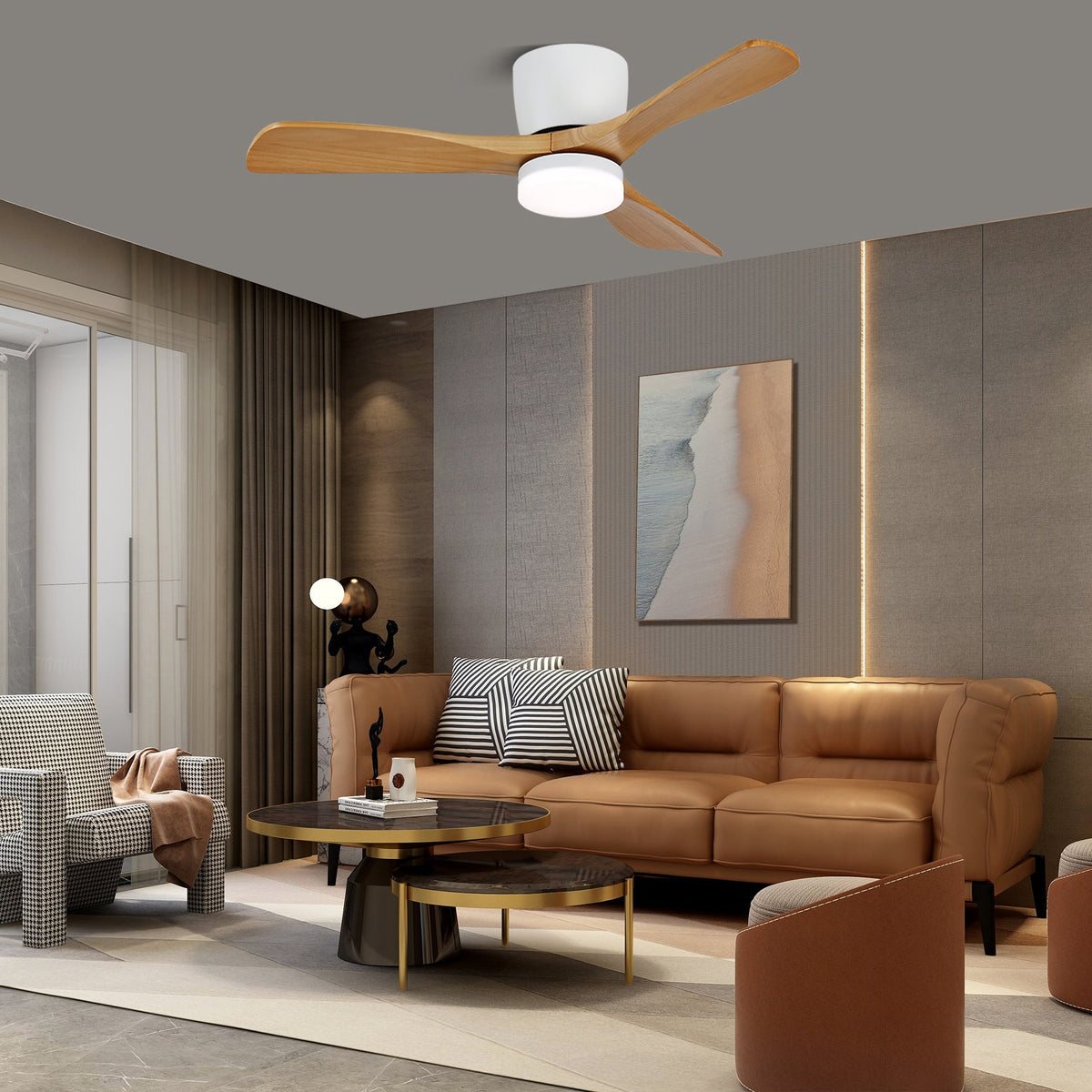 Ventilatore da soffitto Knox con luce e LED integrato acceso.