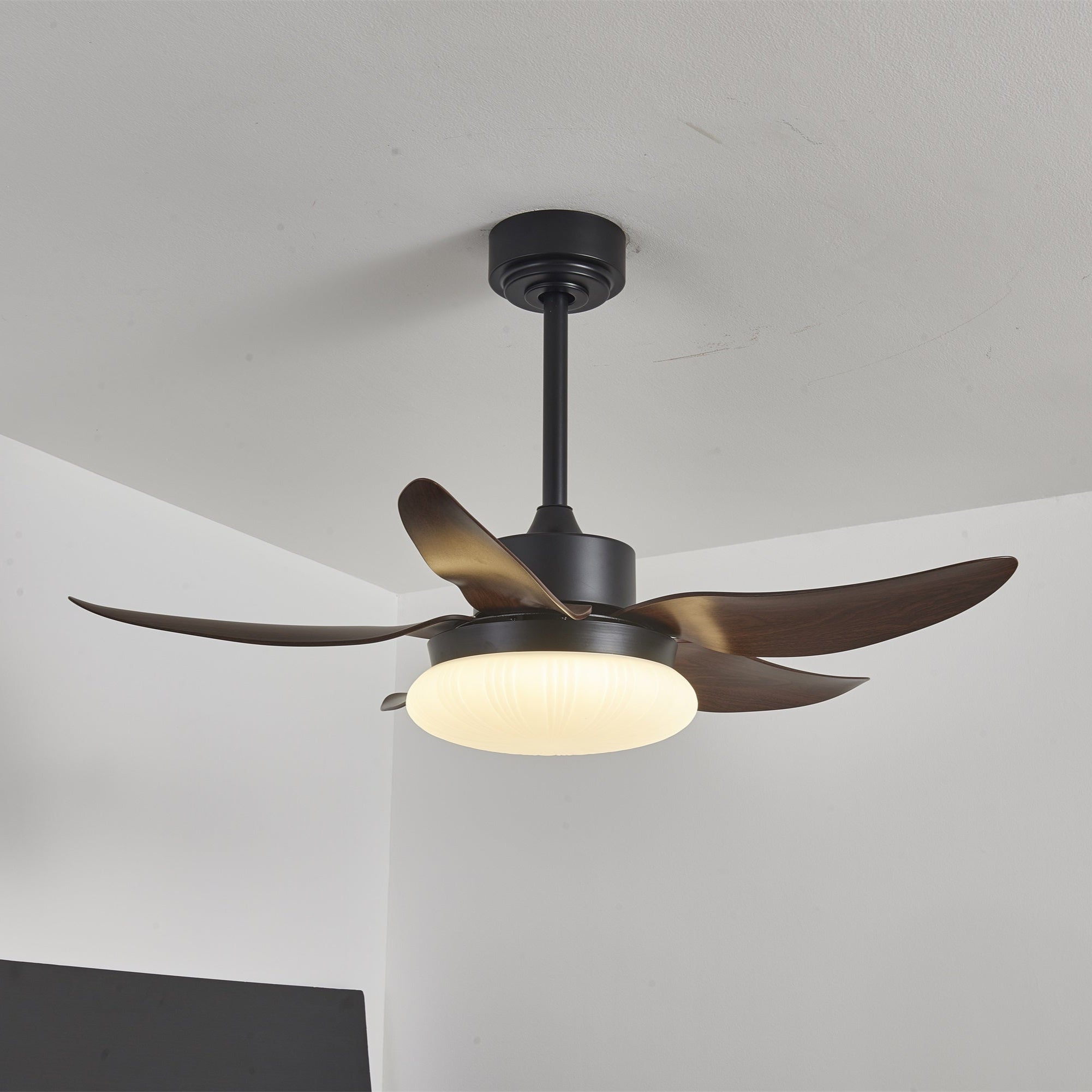 Ventilatore da soffitto Zerith con luce, primo piano delle pale in ABS color noce
