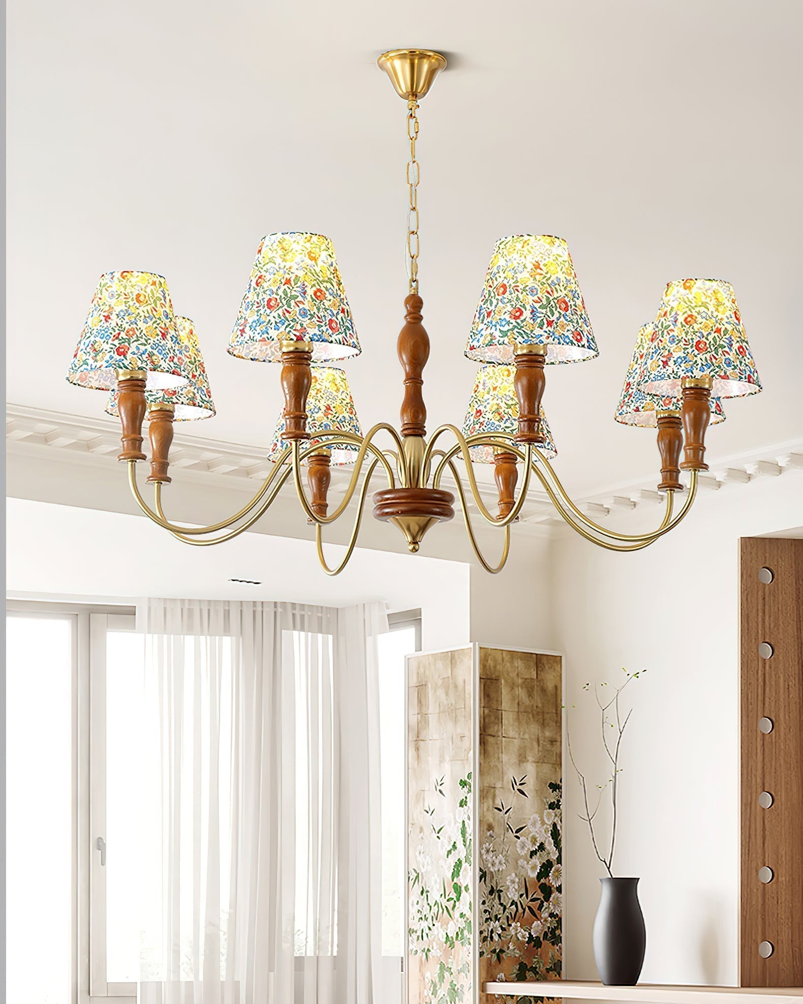 Florinda Floral Fabric Shade Chandelier with Wooden Arms - Letslighting