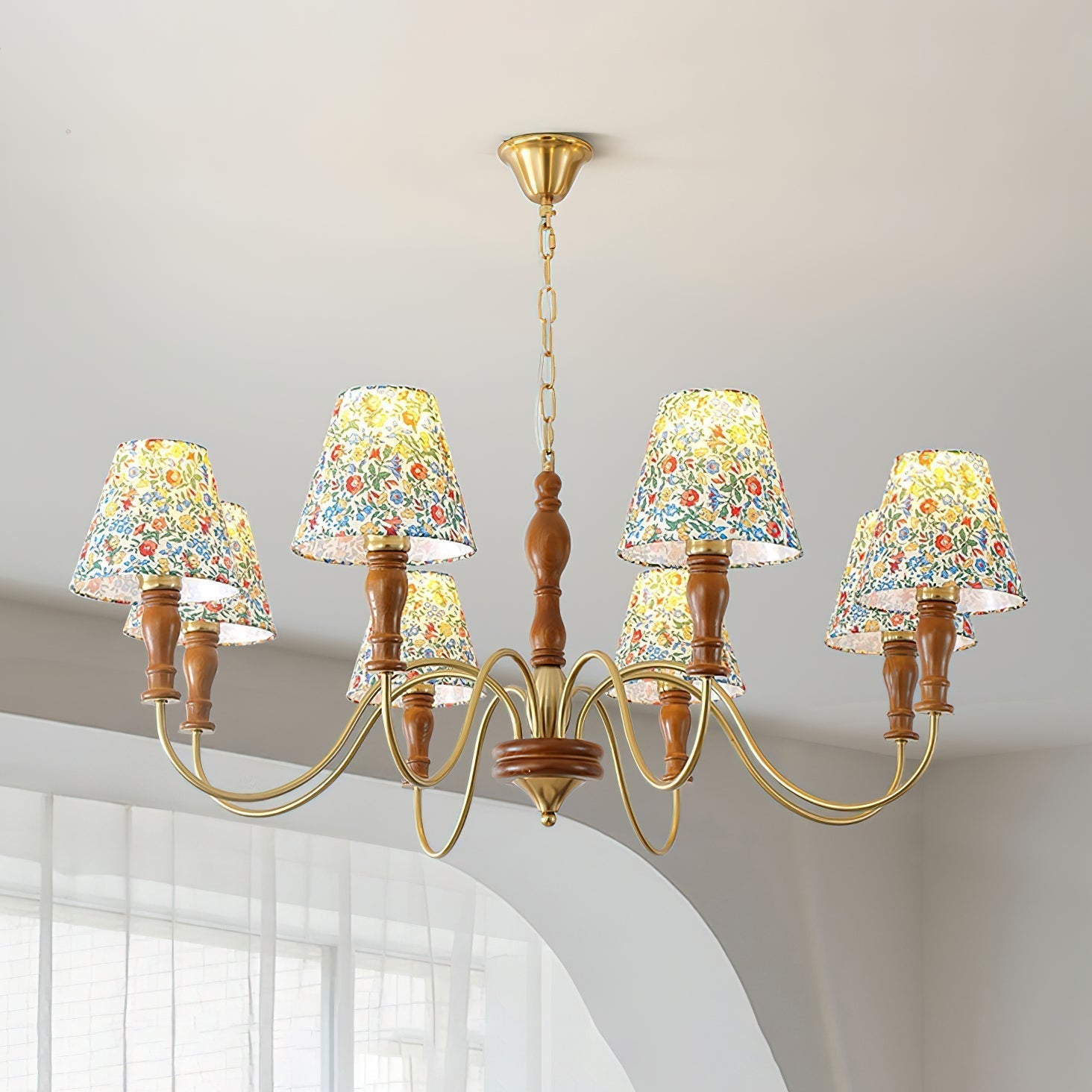 Florinda Floral Fabric Shade Chandelier with Wooden Arms - Letslighting