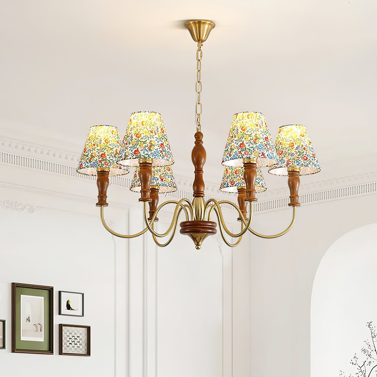 Florinda Floral Fabric Shade Chandelier with Wooden Arms - Letslighting