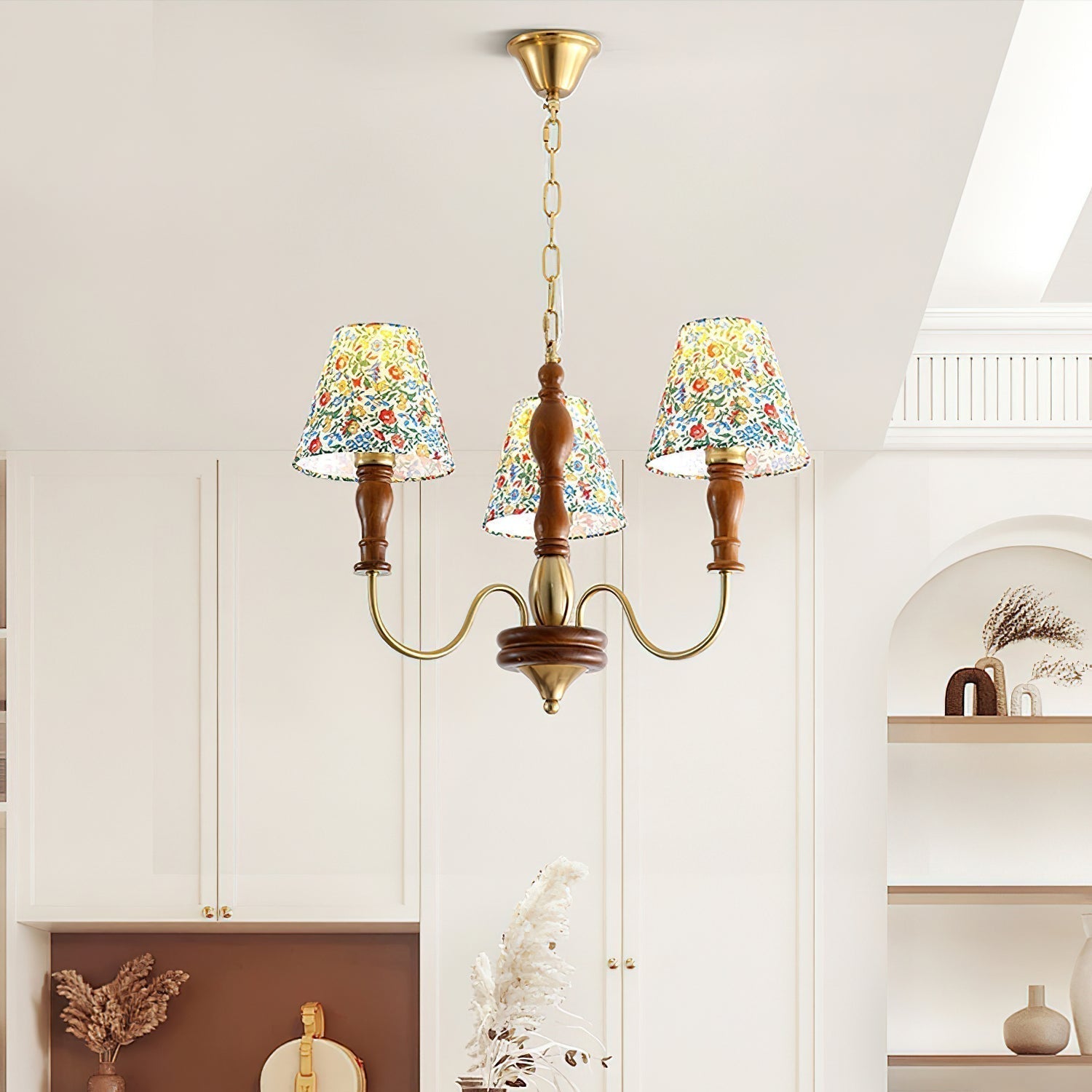 Florinda Floral Fabric Shade Chandelier with Wooden Arms - Letslighting