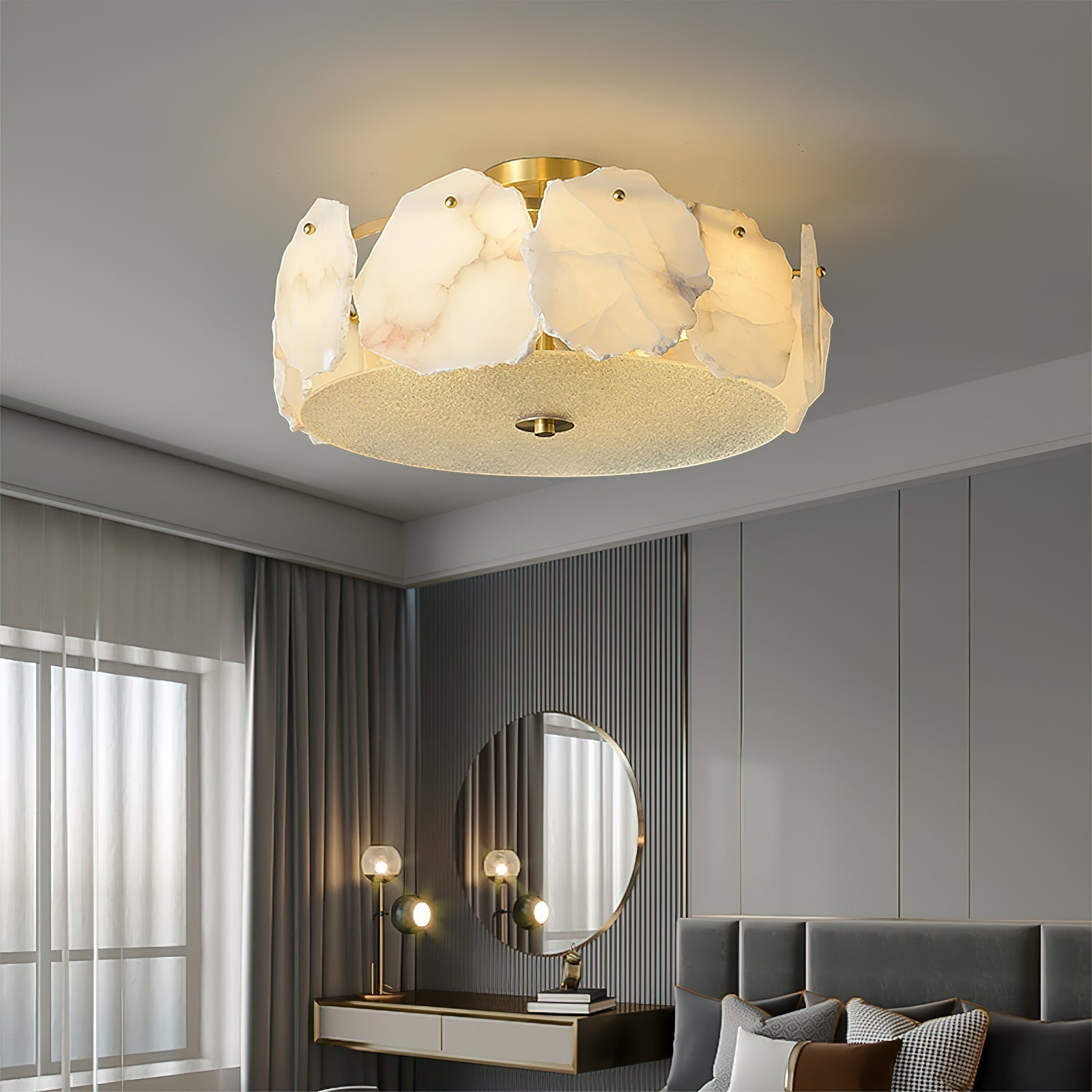 Zoruvys Sophisticated Disc Flat Alabaster Glass Ceiling Light - Lamp Copper