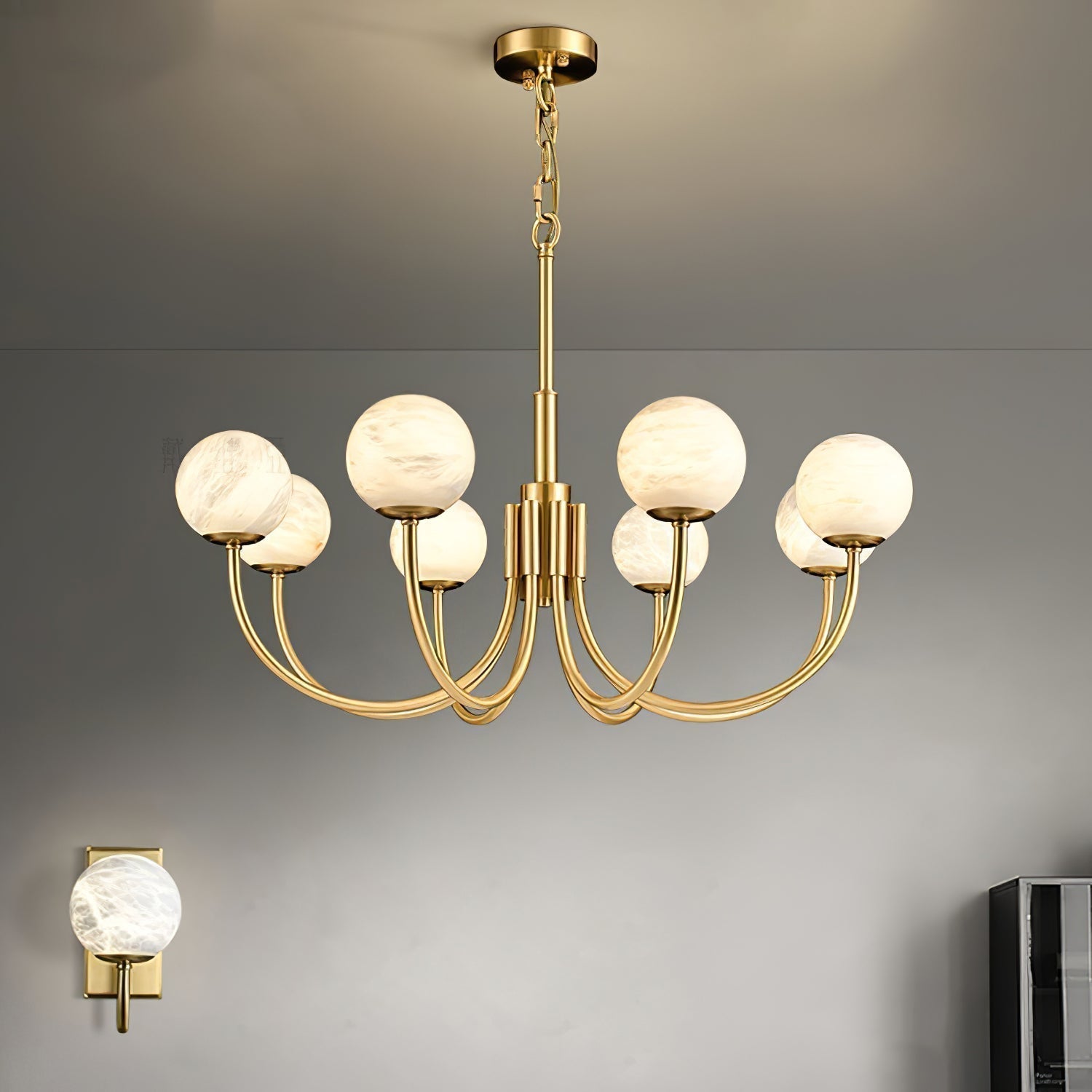 Mjolkuvys Modern Minimalist Globe Brass Alabaster Chandelier - Lamp Copper