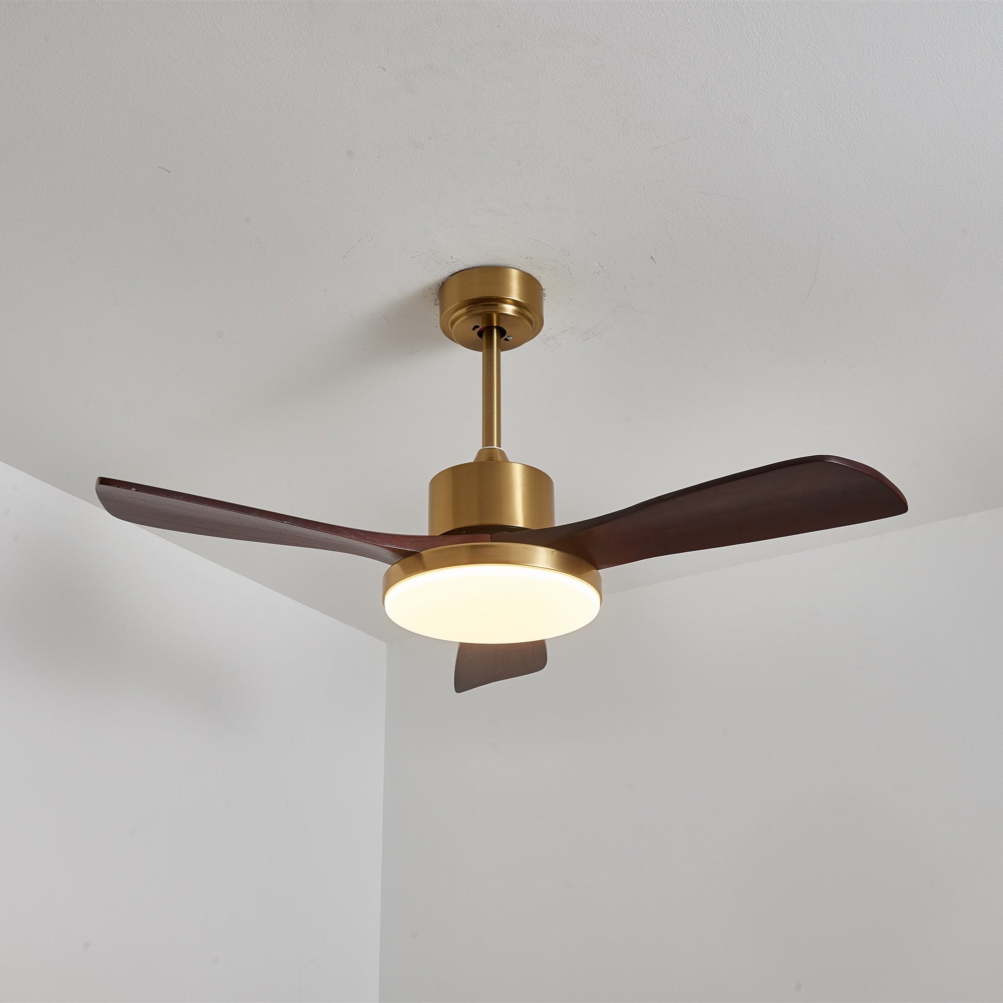 Ventilatore da soffitto moderno Xen in legno con luce e pale in legno