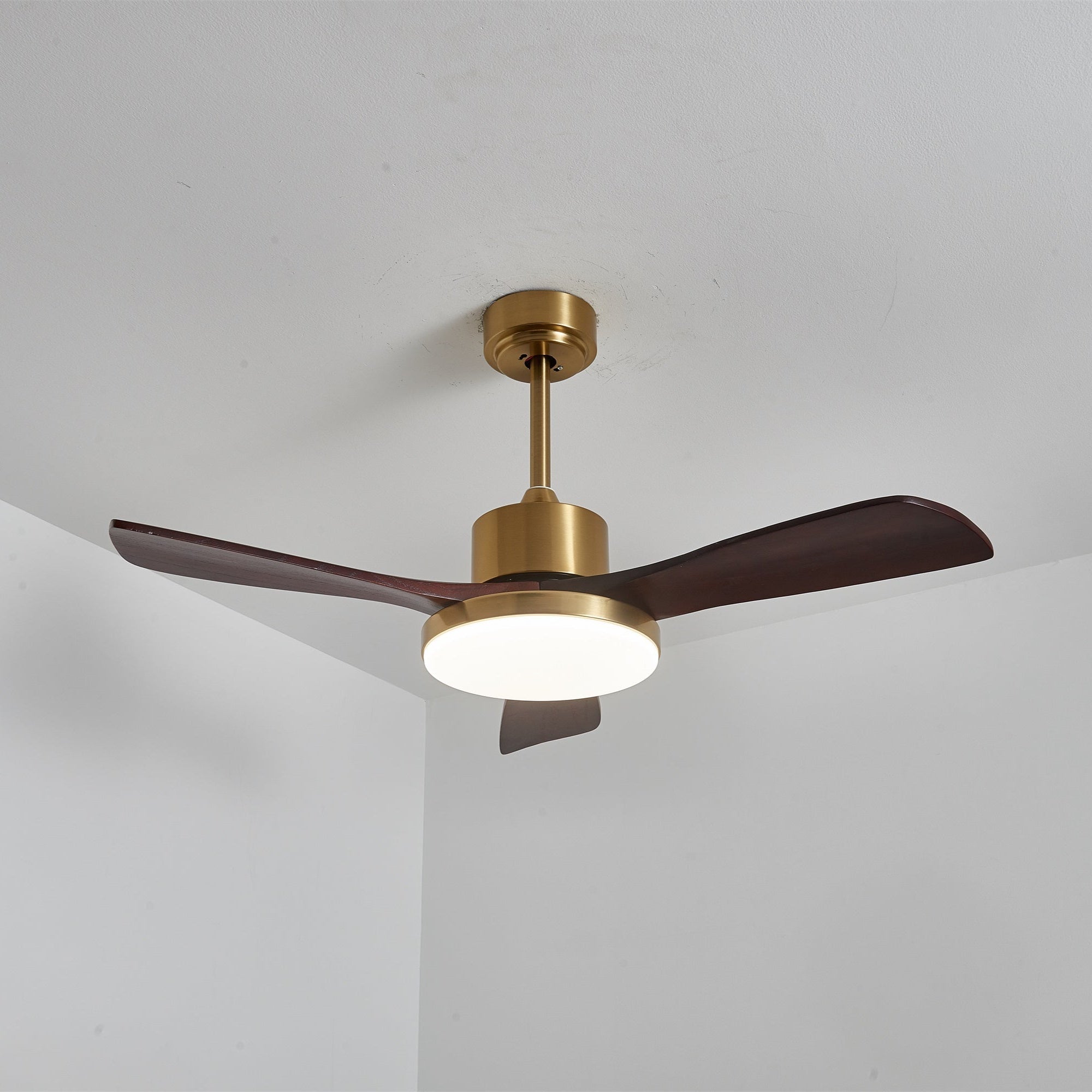 Ventilatore da soffitto moderno Xen in legno con luce, dettaglio del cablaggio