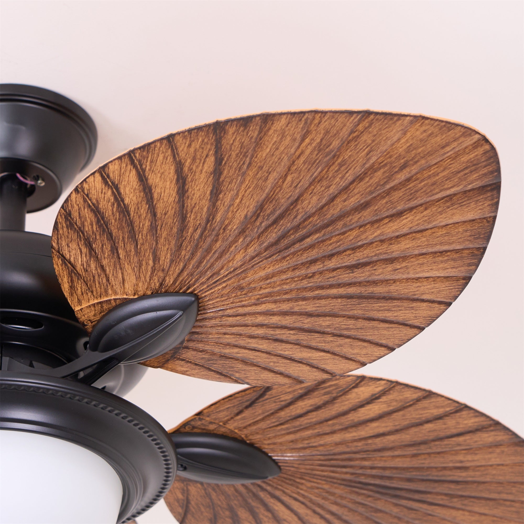Ventilatore da soffitto Virel Tropicale in legno con luce, che mostra i materiali