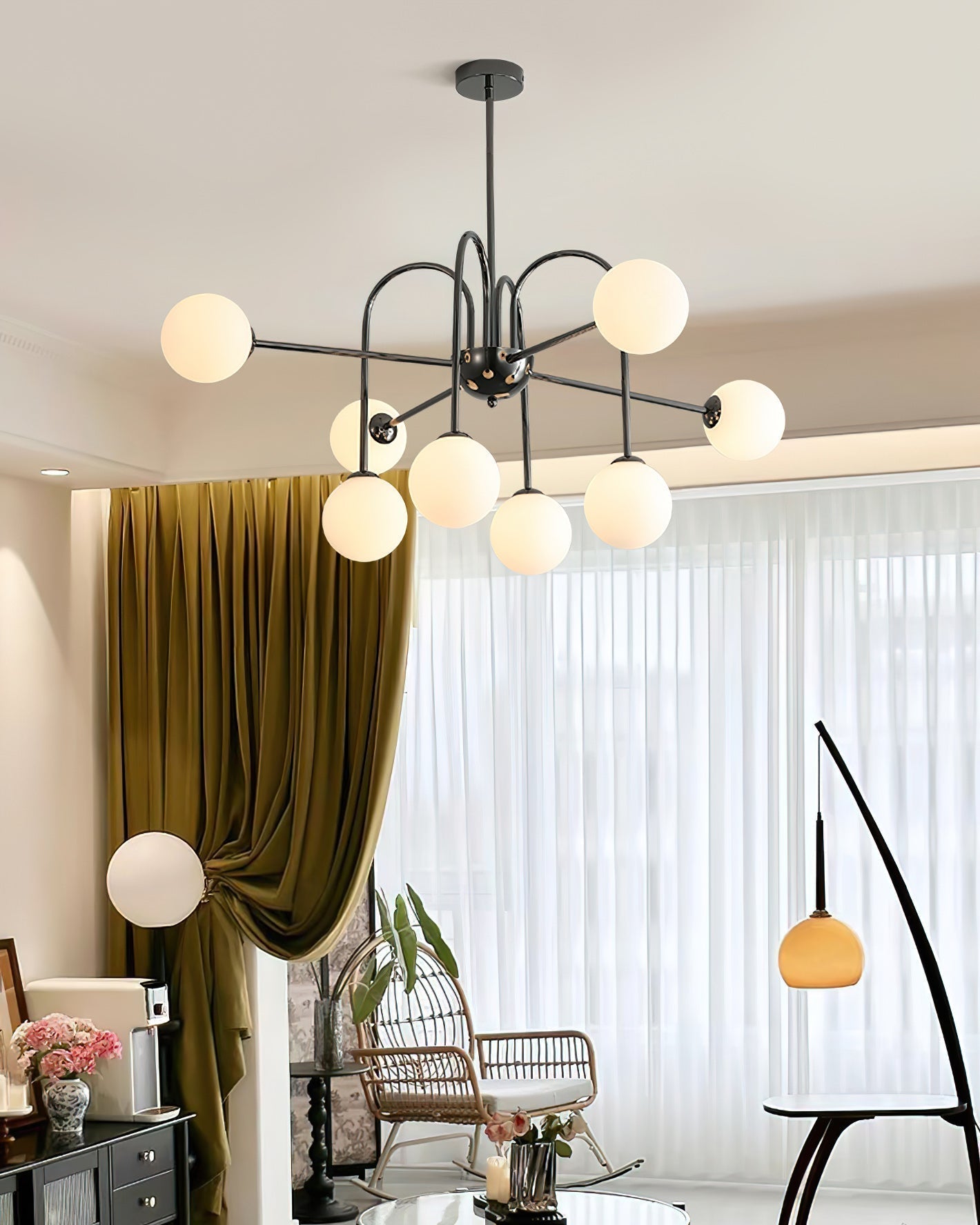 Chandelier Black Metal Arches Glass Globes Minimalist - Letslighting