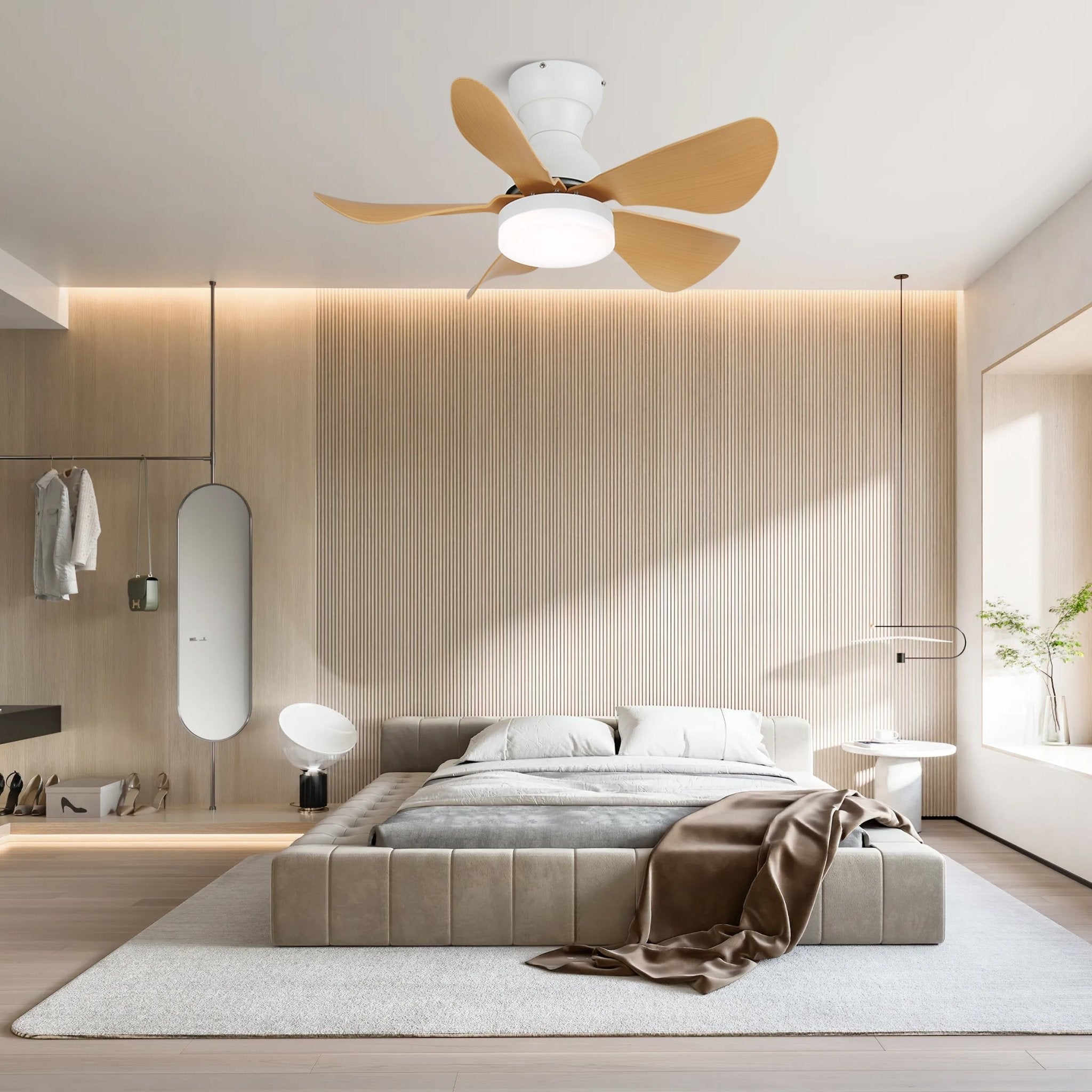 Ventilatore da soffitto Callen con luce effetto legno, dettaglio delle pale effetto legno