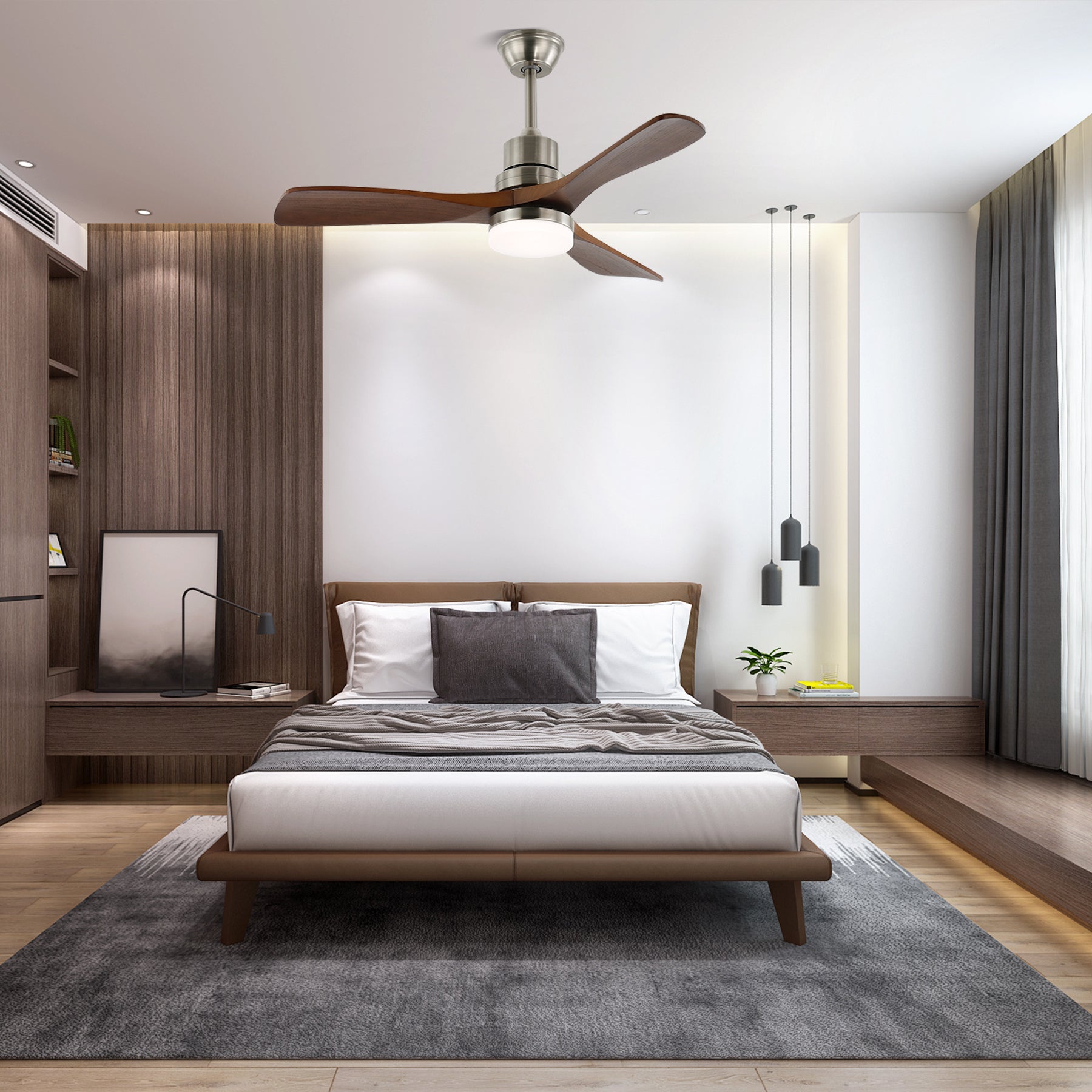 Primo piano delle pale in legno e del LED integrato del ventilatore da soffitto Kaelen con luce