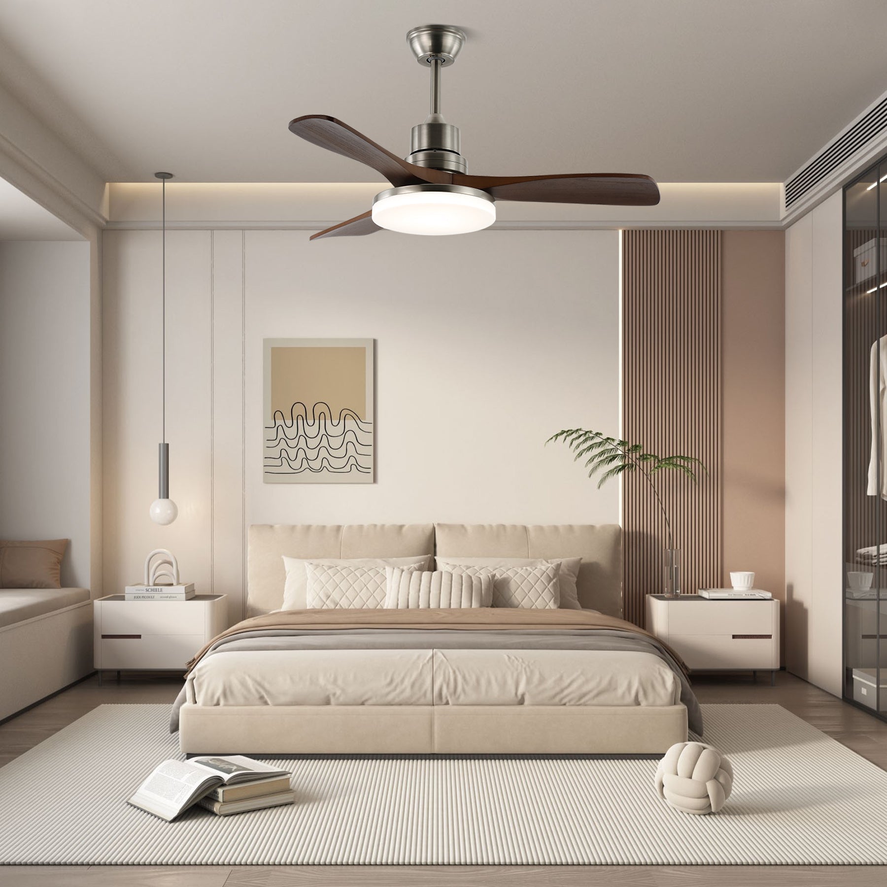 Ventilatore da soffitto Kaelen moderno in legno con luce, che mostra la sua finitura in grana di legno di noce