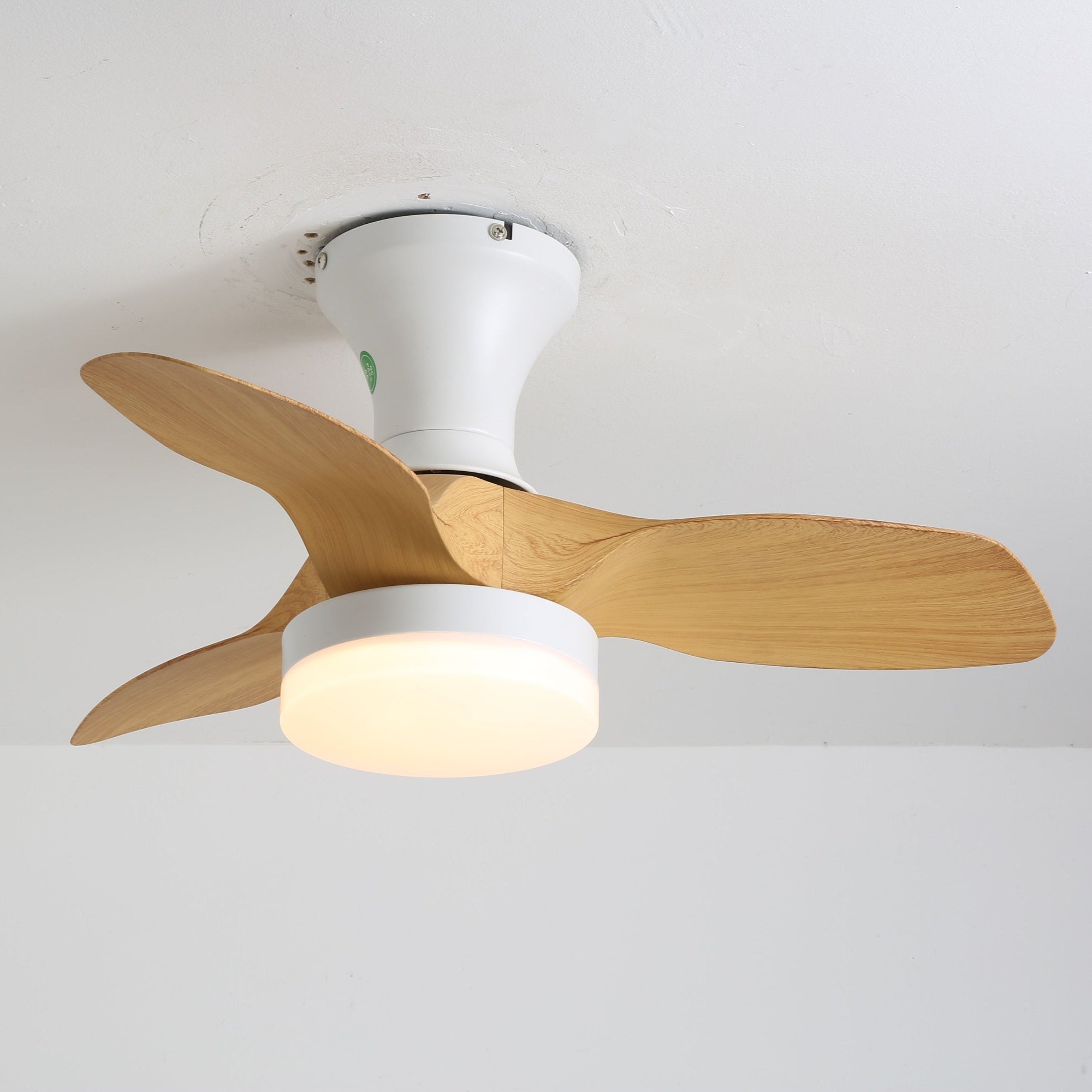 Ventilatore da soffitto Nora minimalista con luce da un'angolazione diversa, che ne sottolinea il profilo sottile.