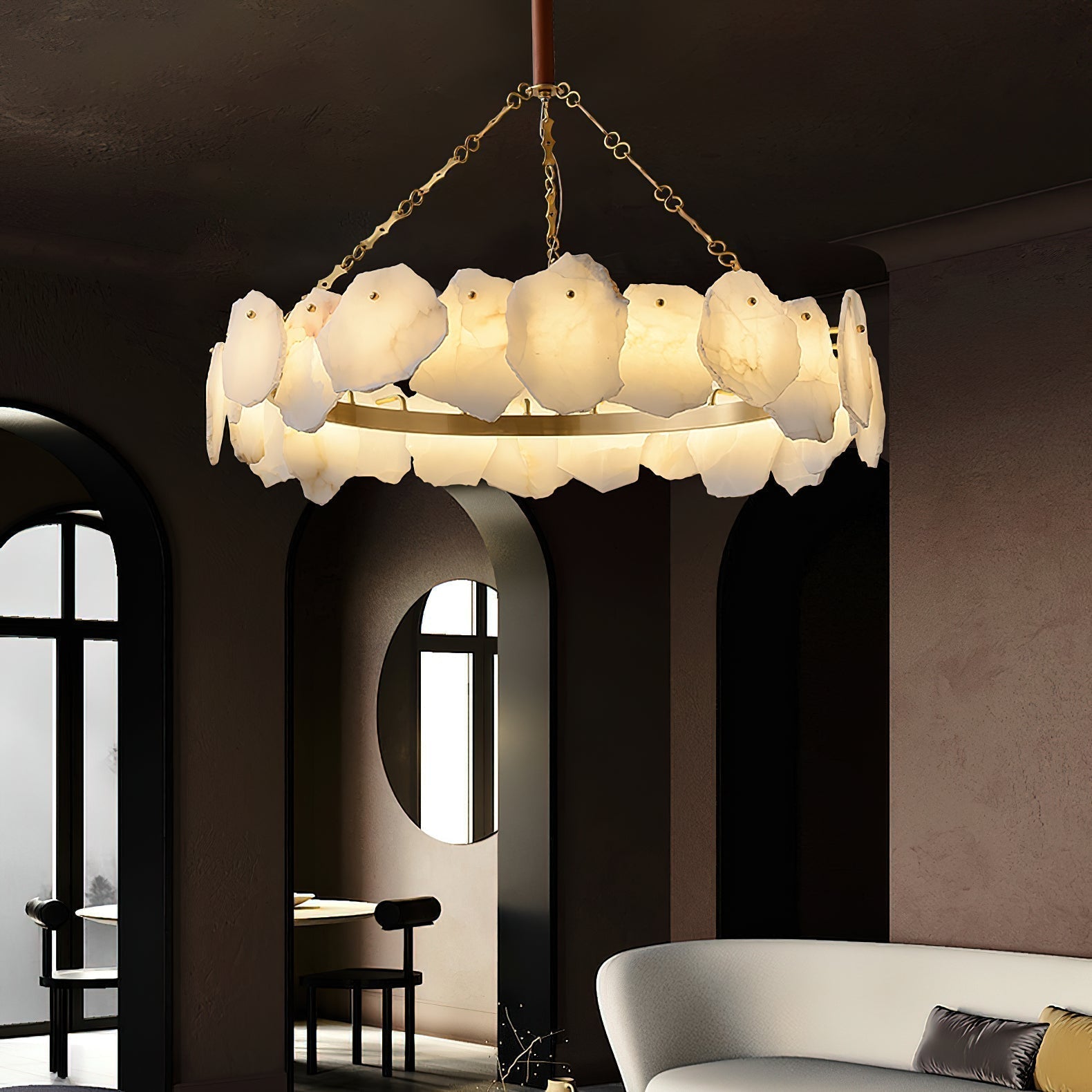 Alora Postmodern Luxury Round Brass Marble Chandelier - Lamp Copper