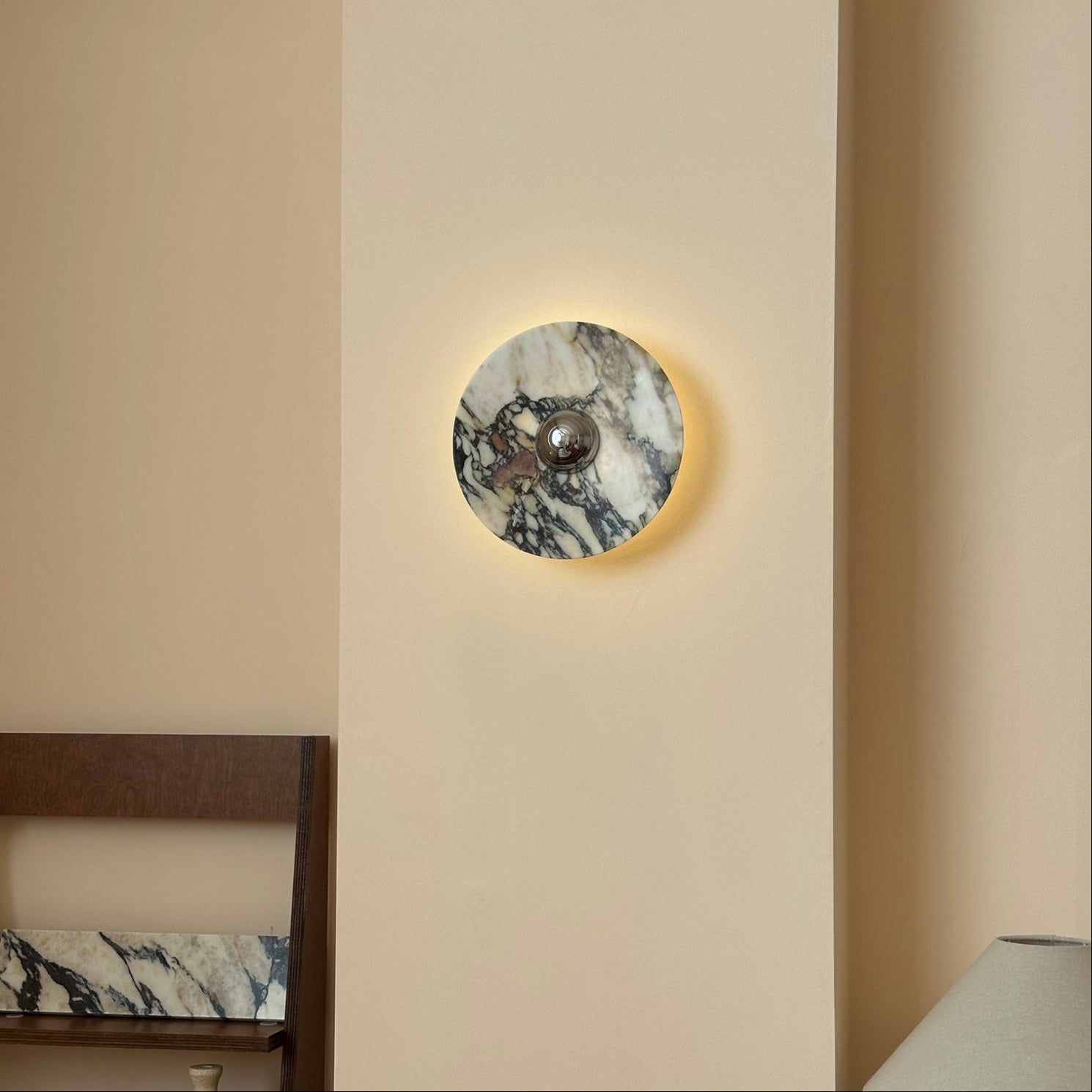 Zeno Modern Minimalist Round Chrome Marble Metal Wall Sconce - Lamp Copper