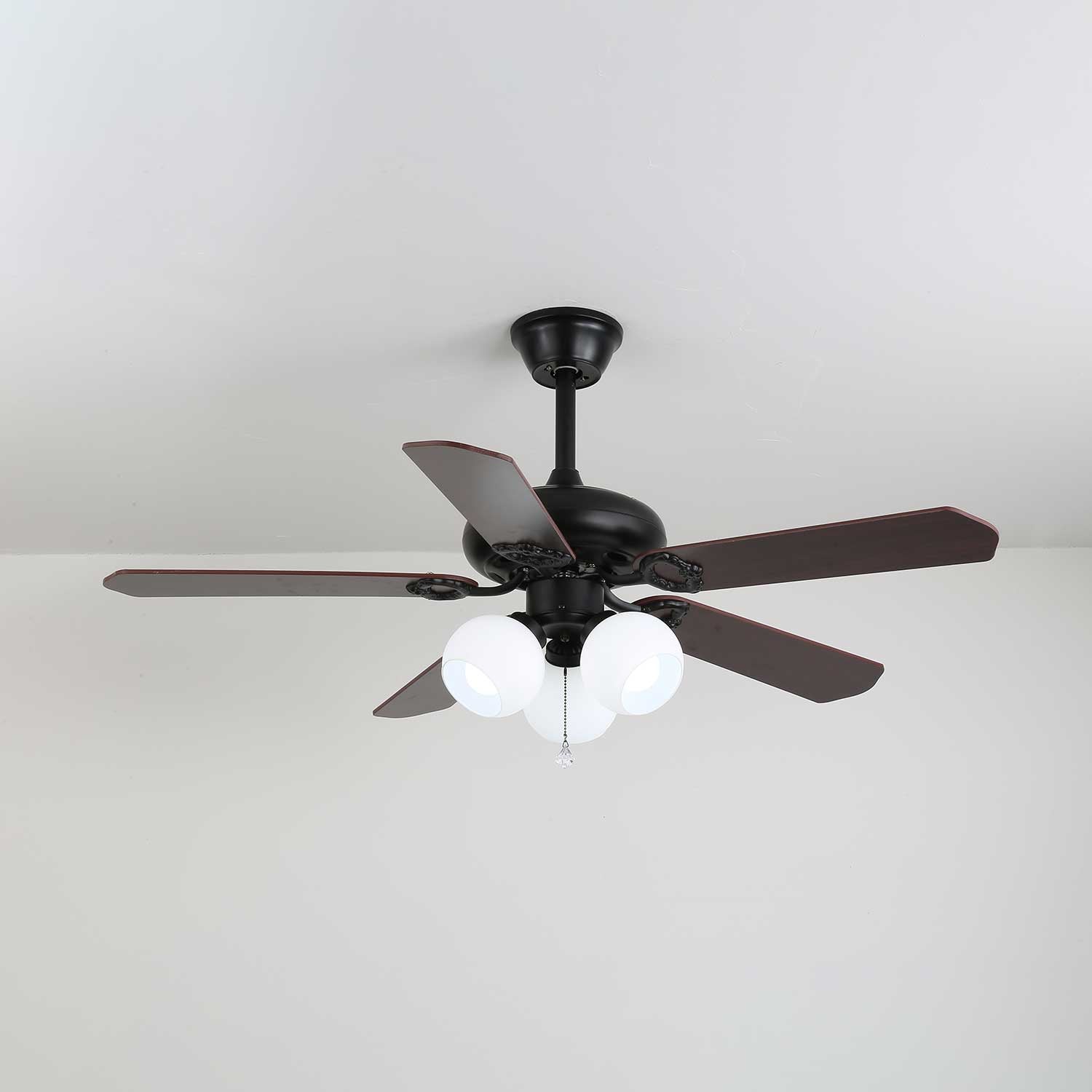 Ventilatore da soffitto Calviera vintage in legno e vetro con paralume arancione