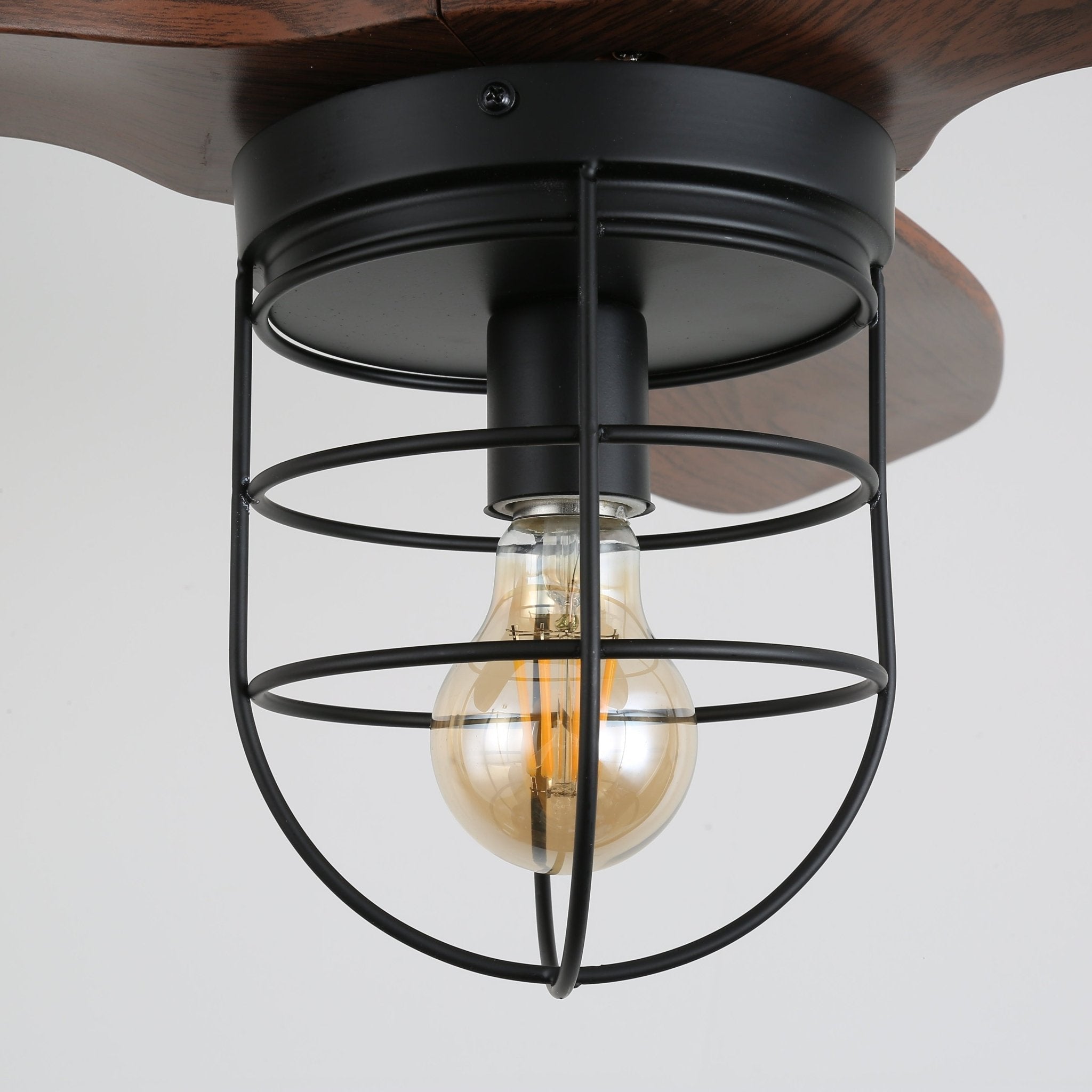 Ventilatore da soffitto industriale in legno Brisora con luce, vista laterale