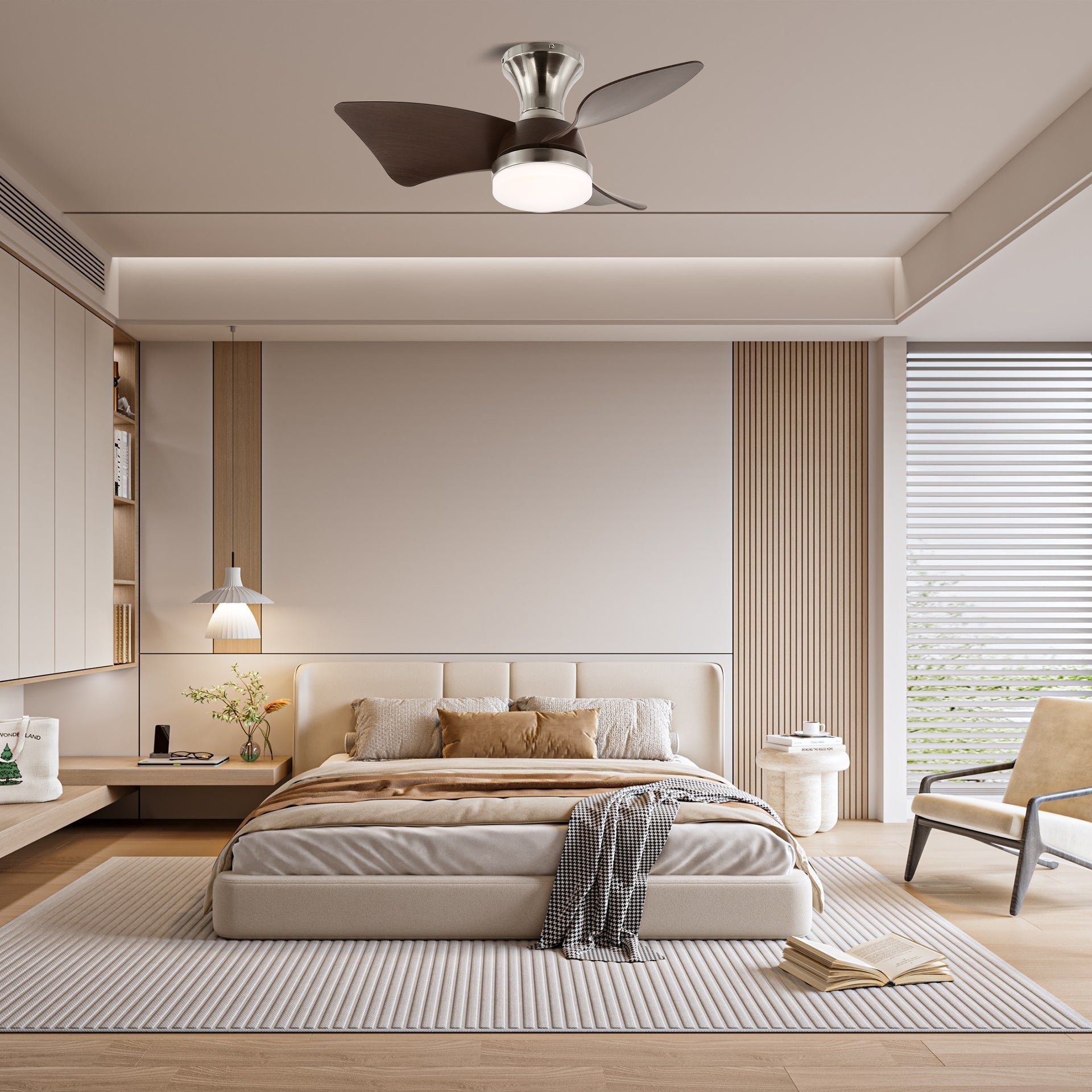Ventilatore da soffitto con luce Mirella con finitura Venatura Legno Noce