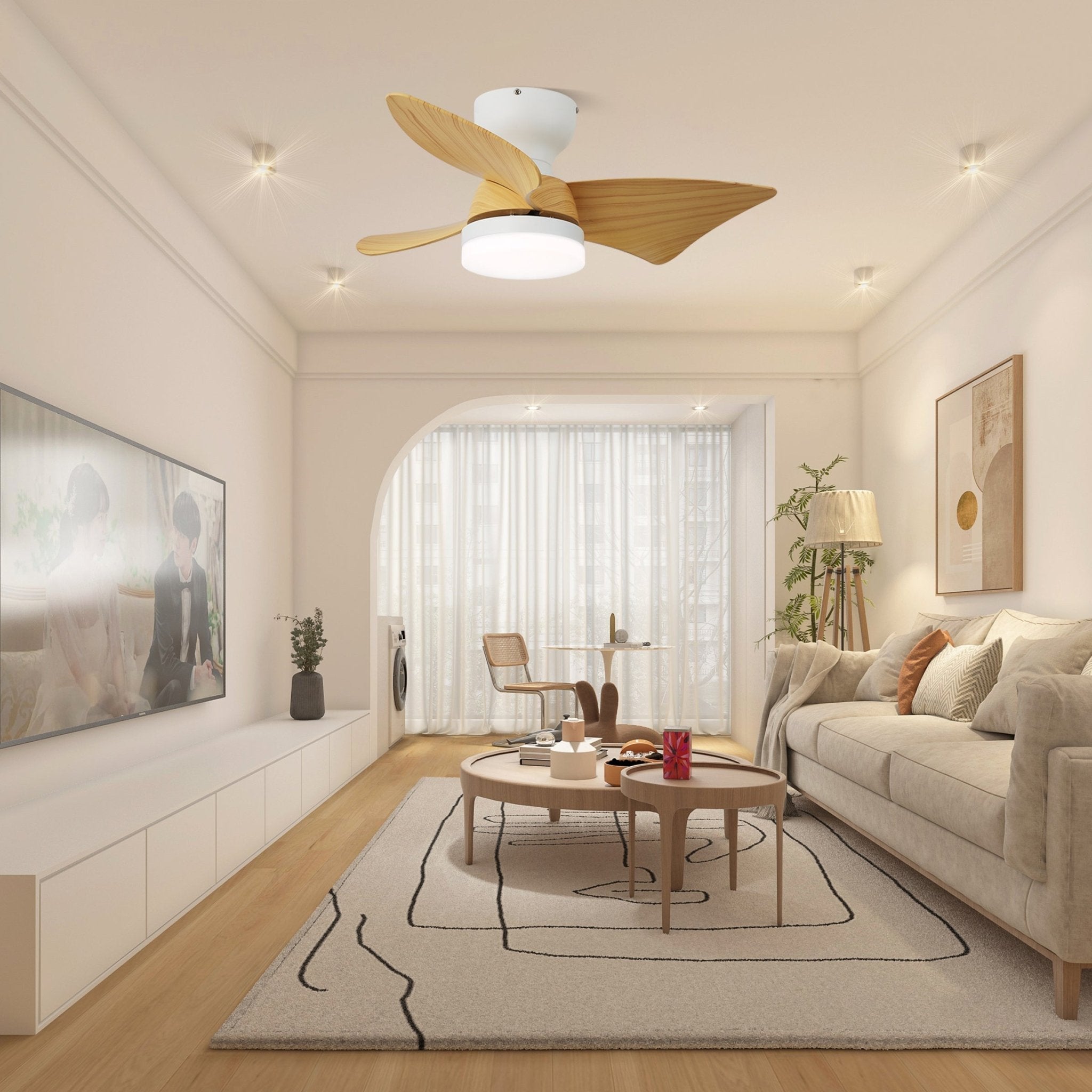 Ventilatore da soffitto con luce Mirella con finitura Venatura Legno Naturale