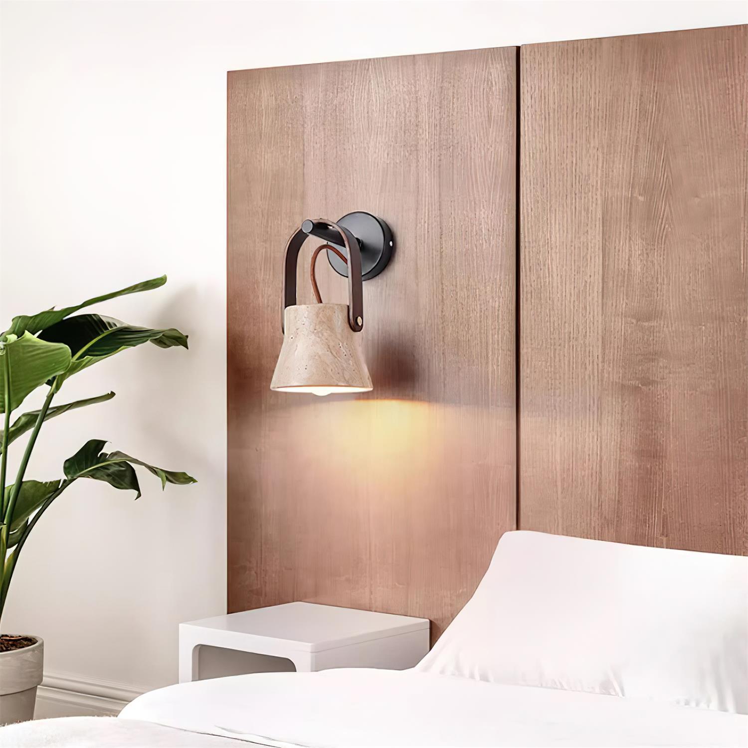 Wall Lamp Metal Body Wood Strap Travertine Shade Minimalist - Letslighting