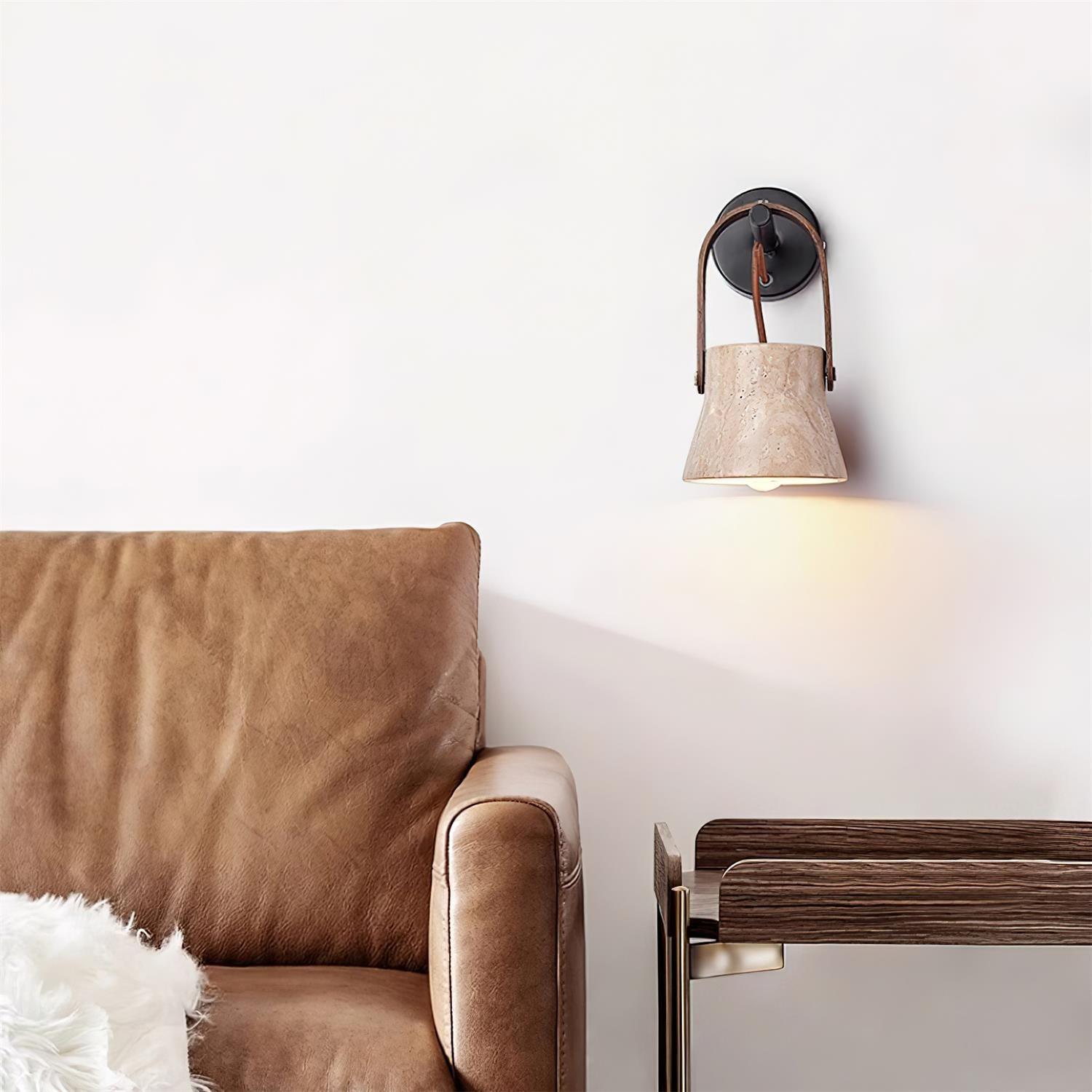 Wall Lamp Metal Body Wood Strap Travertine Shade Minimalist - Letslighting