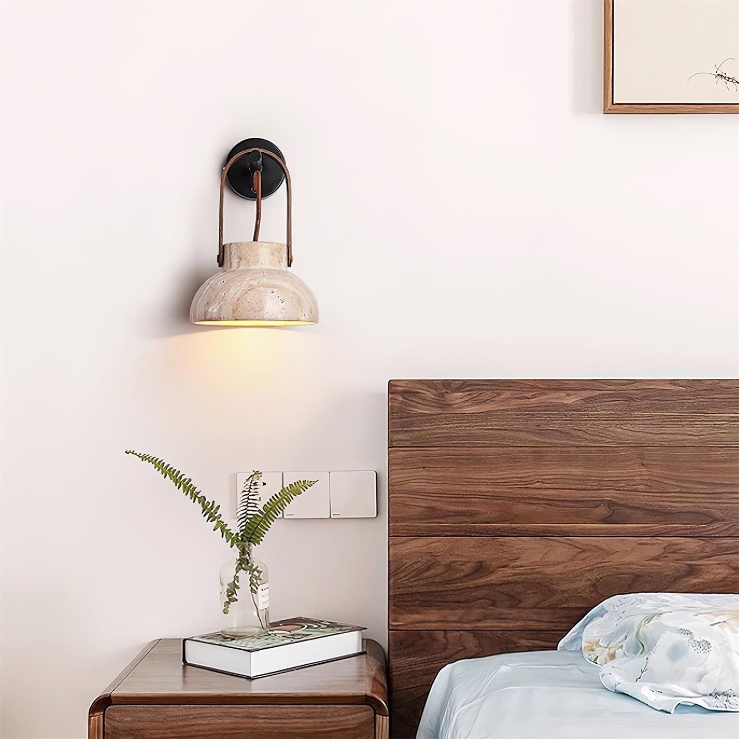 Wall Lamp Metal Body Wood Strap Travertine Shade Minimalist - Letslighting