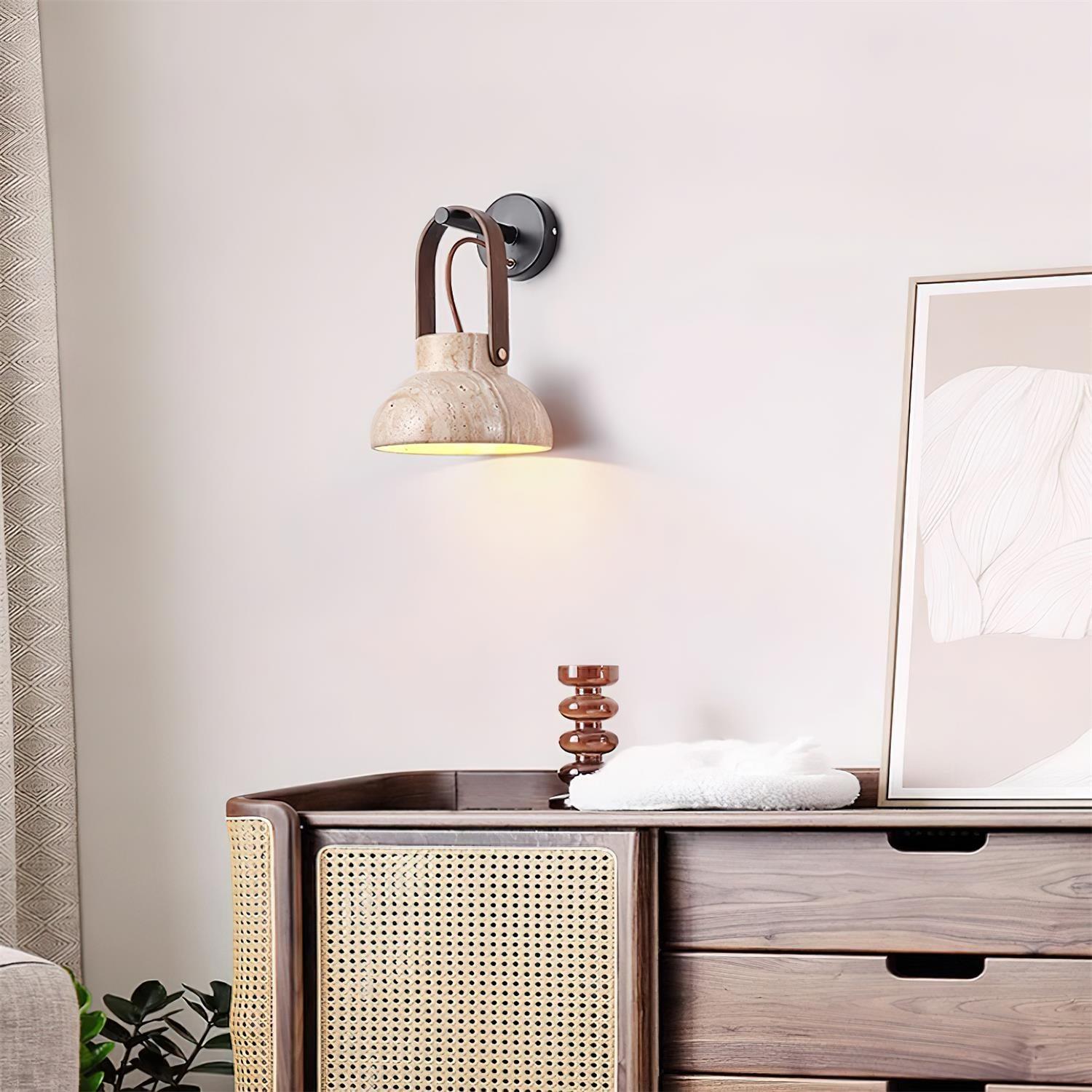 Wall Lamp Metal Body Wood Strap Travertine Shade Minimalist - Letslighting