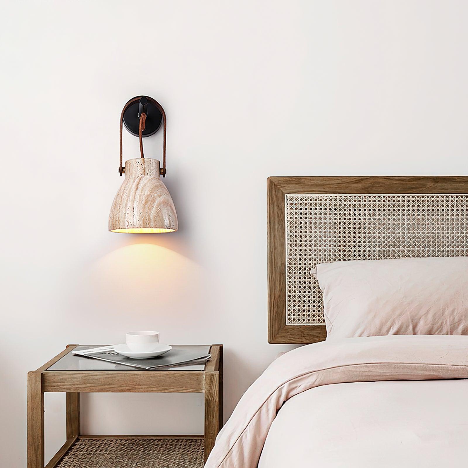Wall Lamp Metal Body Wood Strap Travertine Shade Minimalist - Letslighting