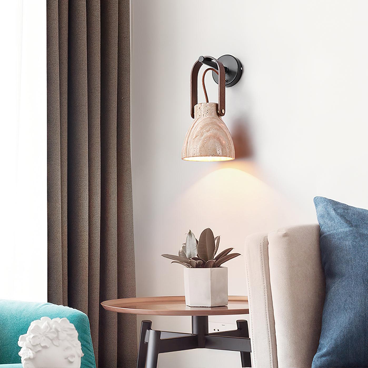 Wall Lamp Metal Body Wood Strap Travertine Shade Minimalist - Letslighting