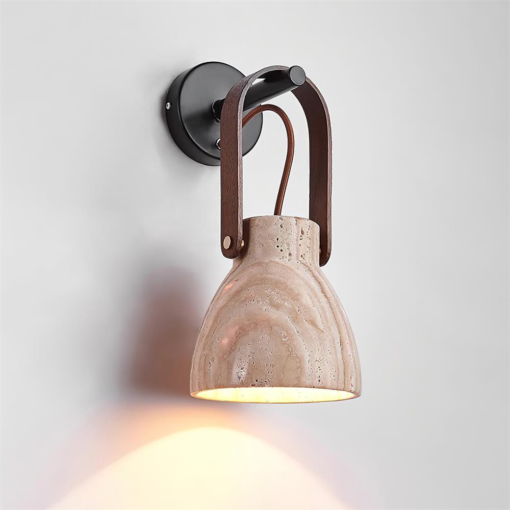 Wall Lamp Metal Body Wood Strap Travertine Shade Minimalist - Letslighting