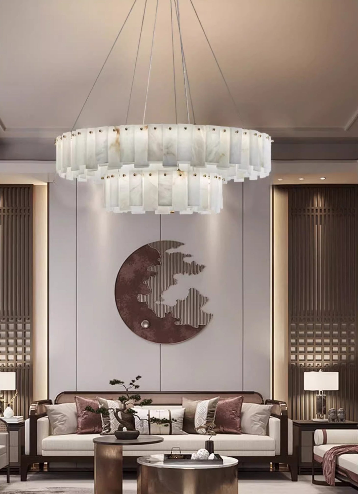 Aero Postmodern Luxury Round Brass Alabaster Chandelier - Lamp Copper