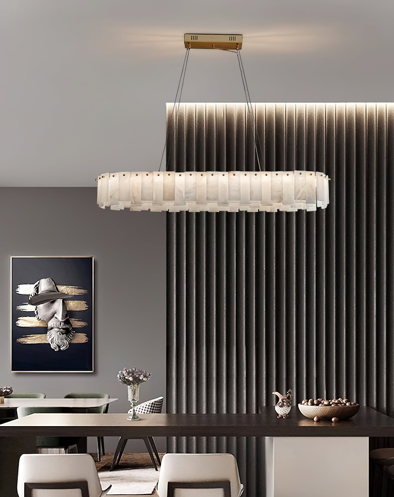 Aero Postmodern Luxury Round Brass Alabaster Chandelier - Lamp Copper