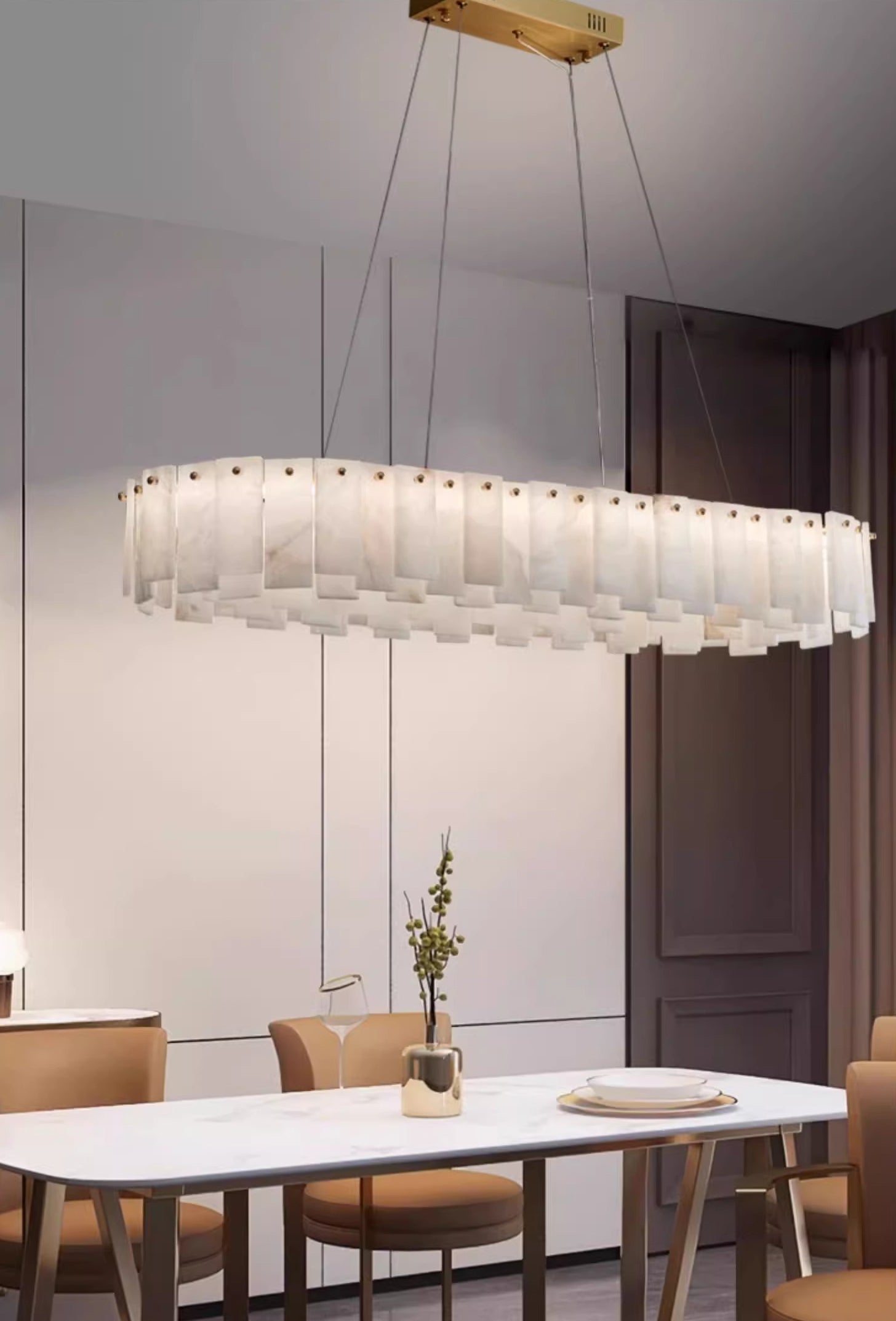 Aero Postmodern Luxury Round Brass Alabaster Chandelier - Lamp Copper