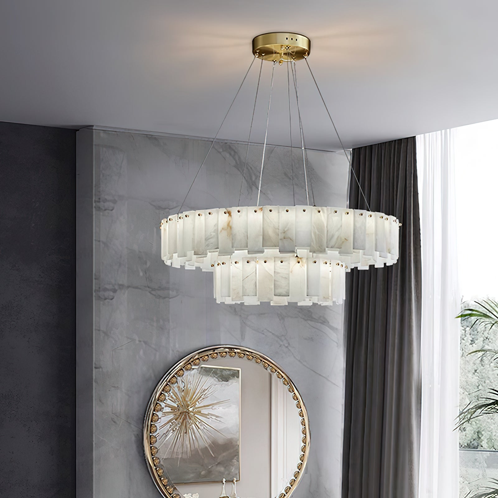 Aero Postmodern Luxury Round Brass Alabaster Chandelier - Lamp Copper