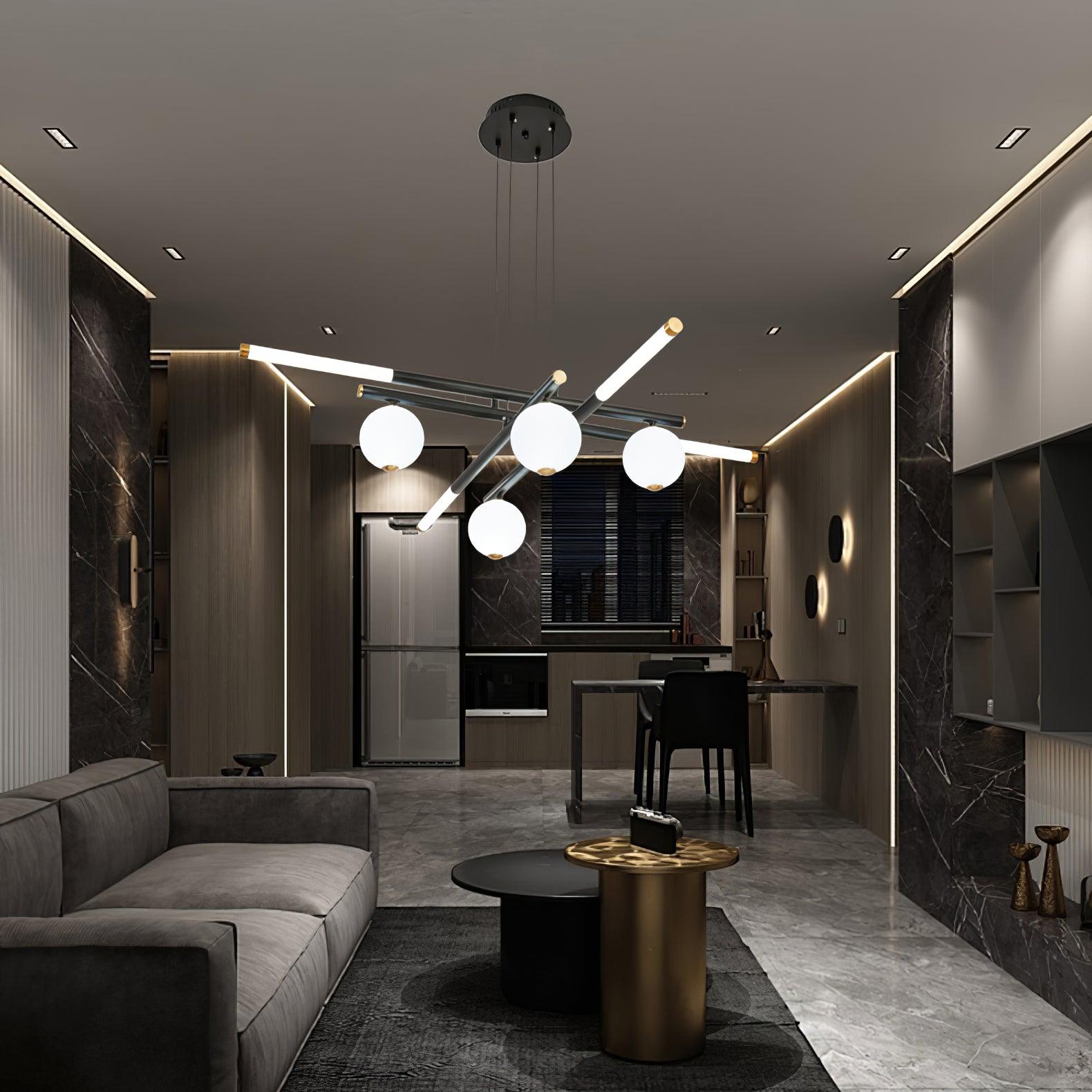 Chandelier Black White Rods and Globe Modern - Blowlighting